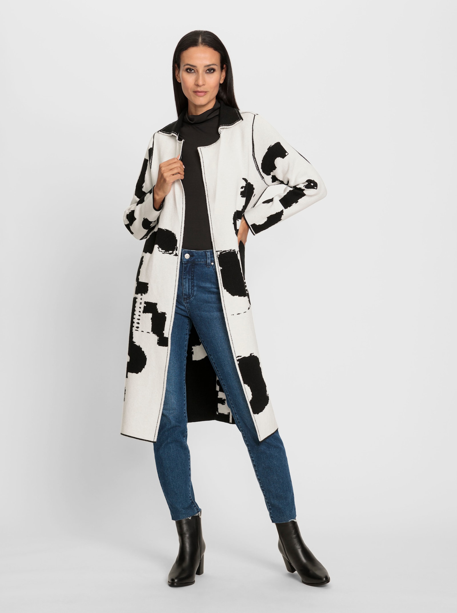 heine Gebreide mantel met reverskraag - zwart/ecru gedessineerd