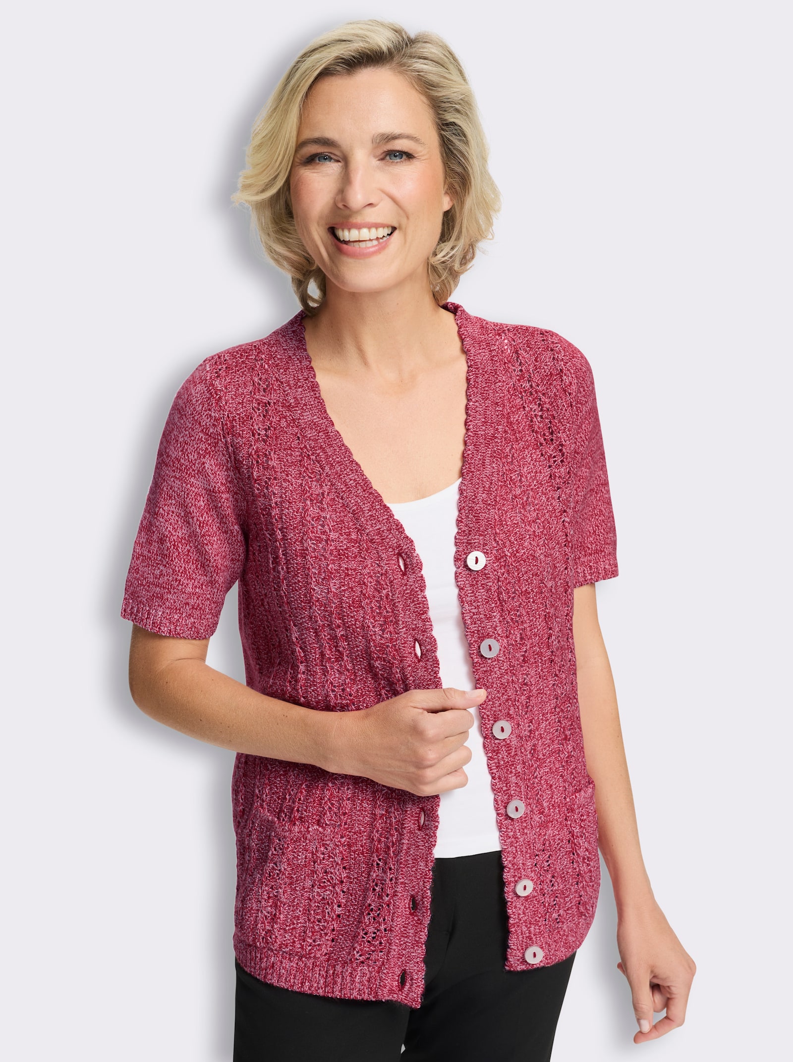 Vest met geschulpte randen - rood/ecru gemêleerd