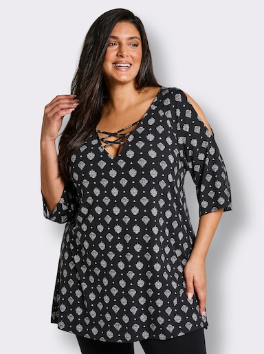 sheego Longshirt mit gekreuzten Bändern am Ausschnitt - schwarz-ecru-bedruckt