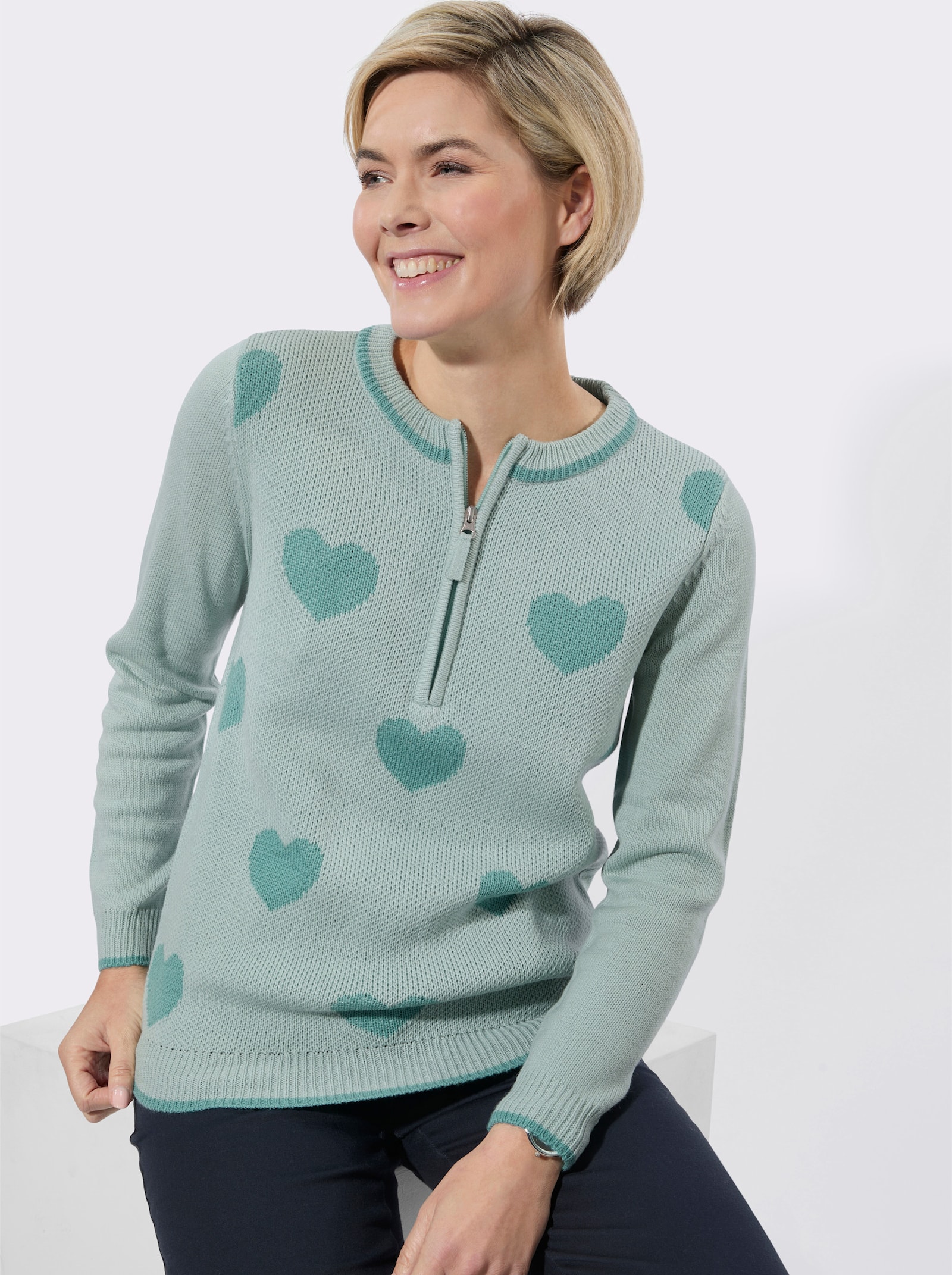 Langarm-Pullover mit Herz-Muster - kalkmint-ozean-gemustert