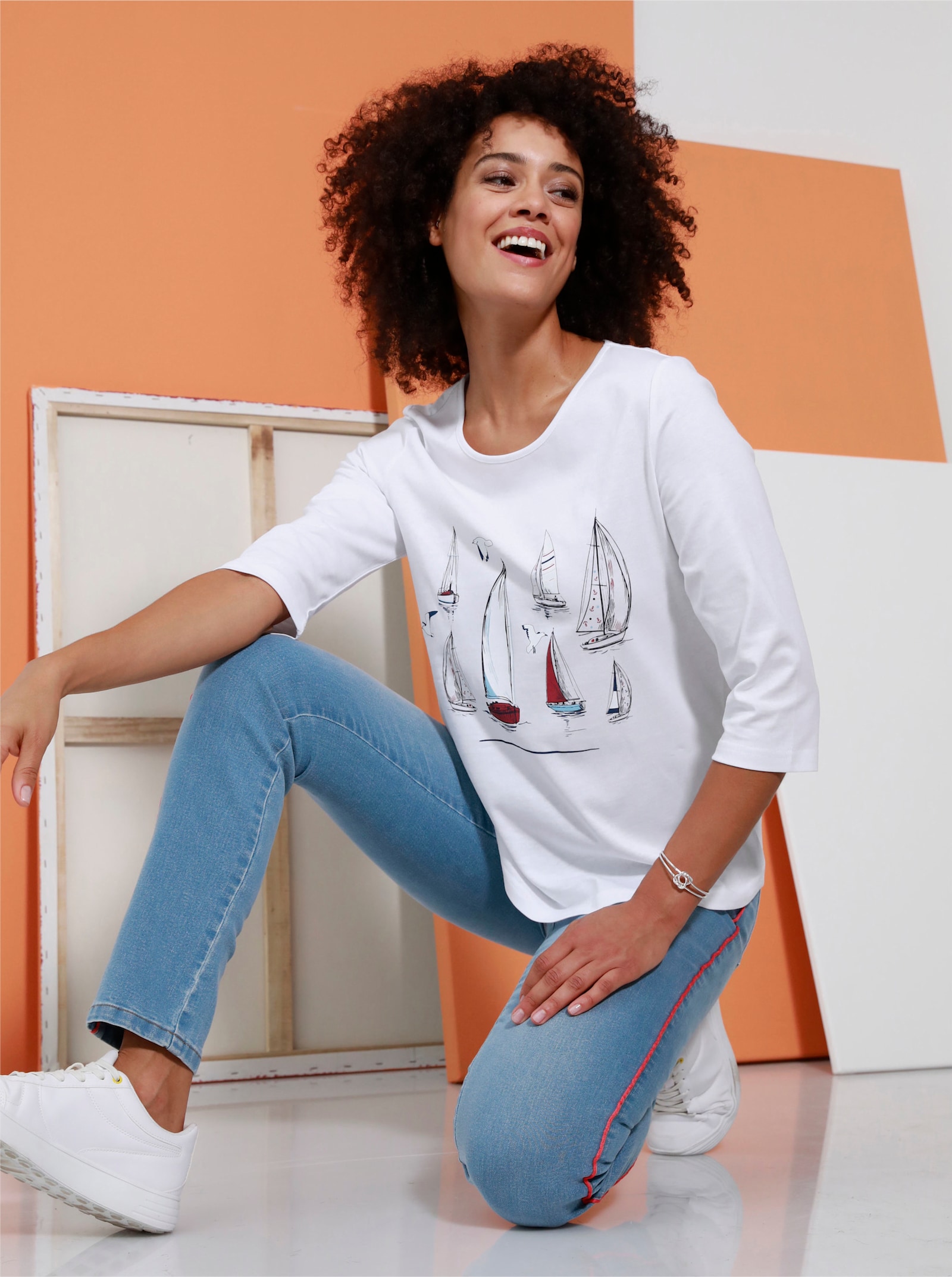 Tričko s 3/4 rukávem a motivem plachetnice - bílá