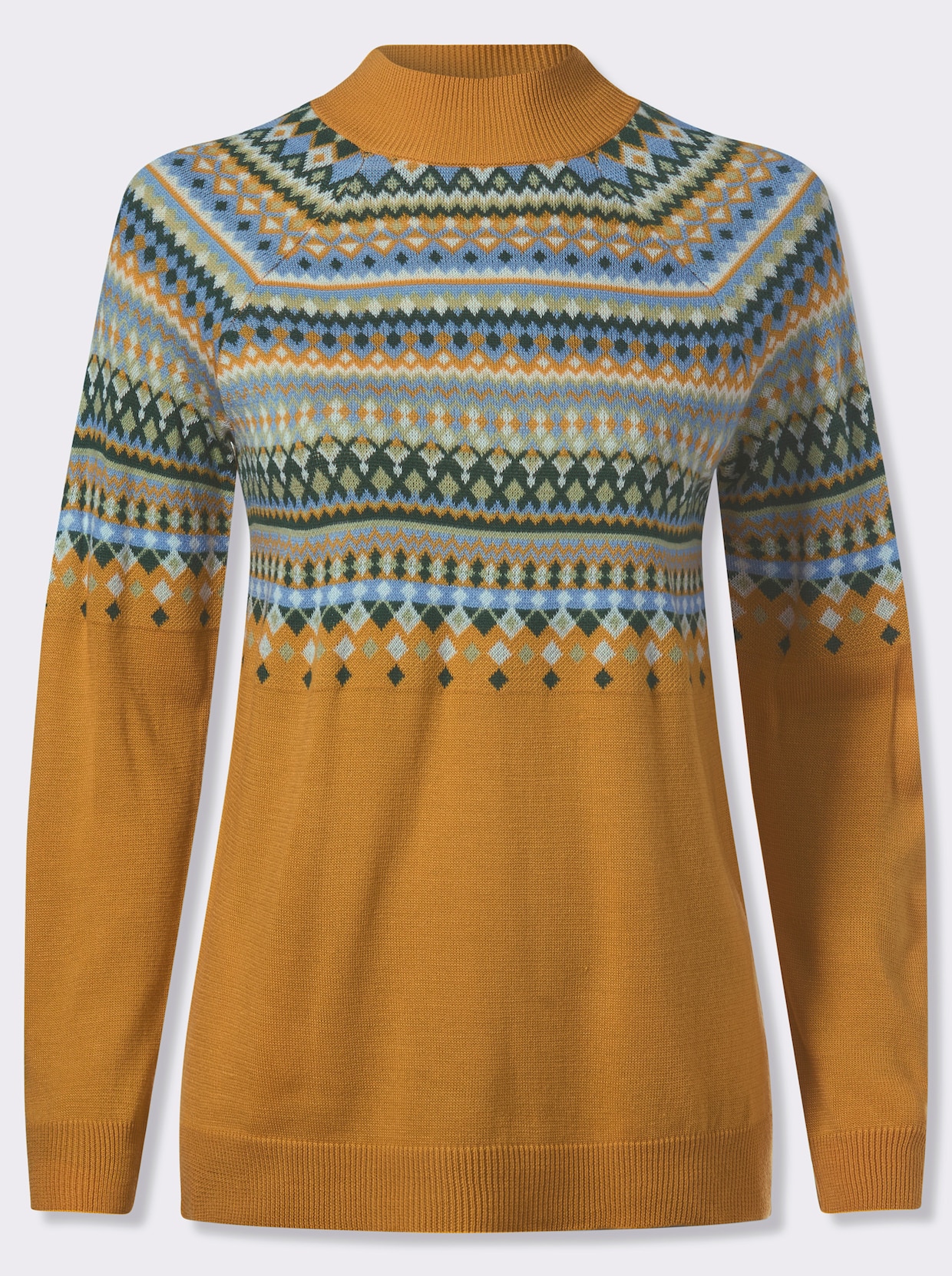 Norwegerpullover mit Raglan-Ärmeln - ocker-lindgrün-gemustert