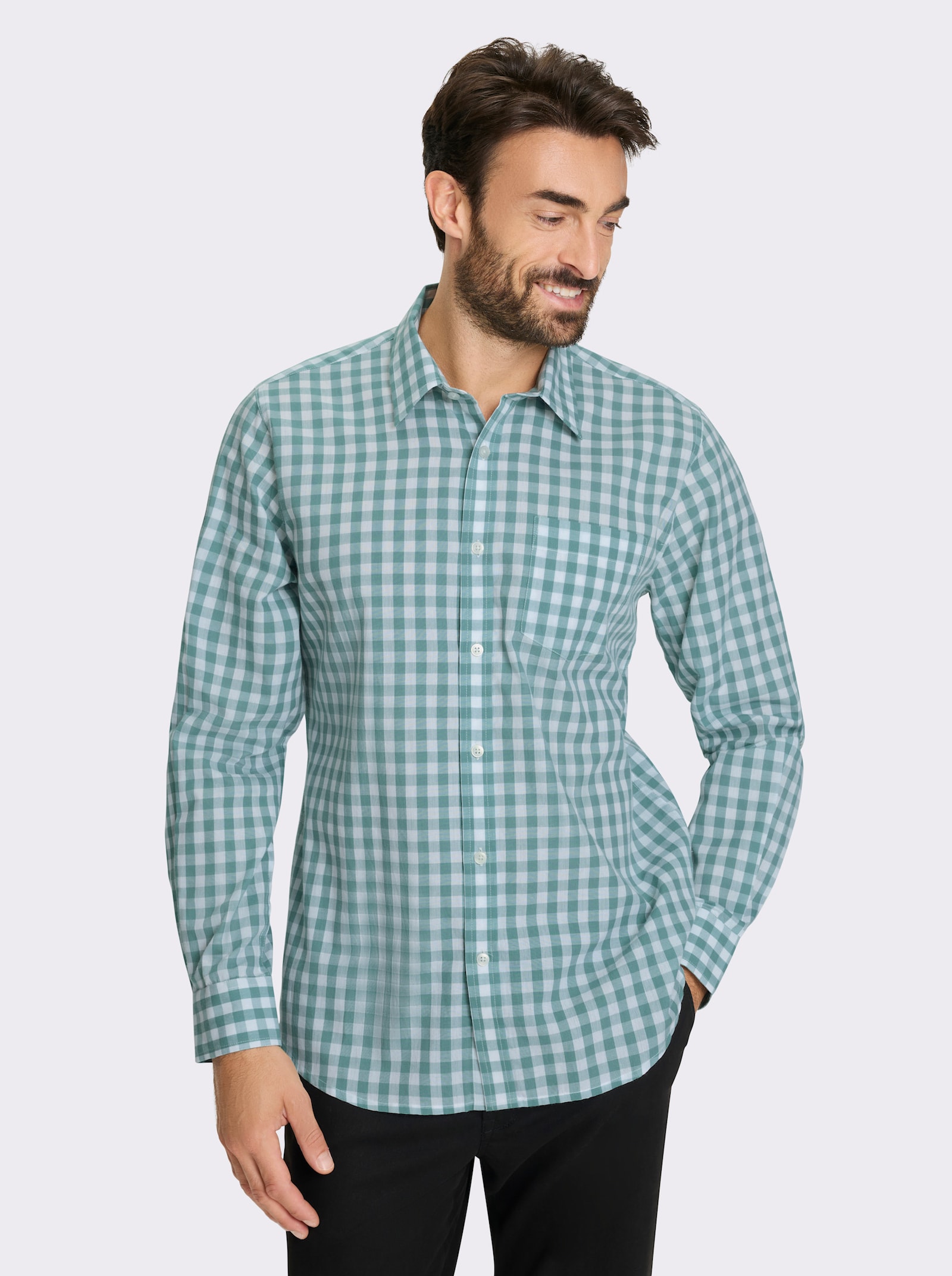 Catamaran Langarmhemd aus Popeline, garngefärbt - salbei-weiß-kariert