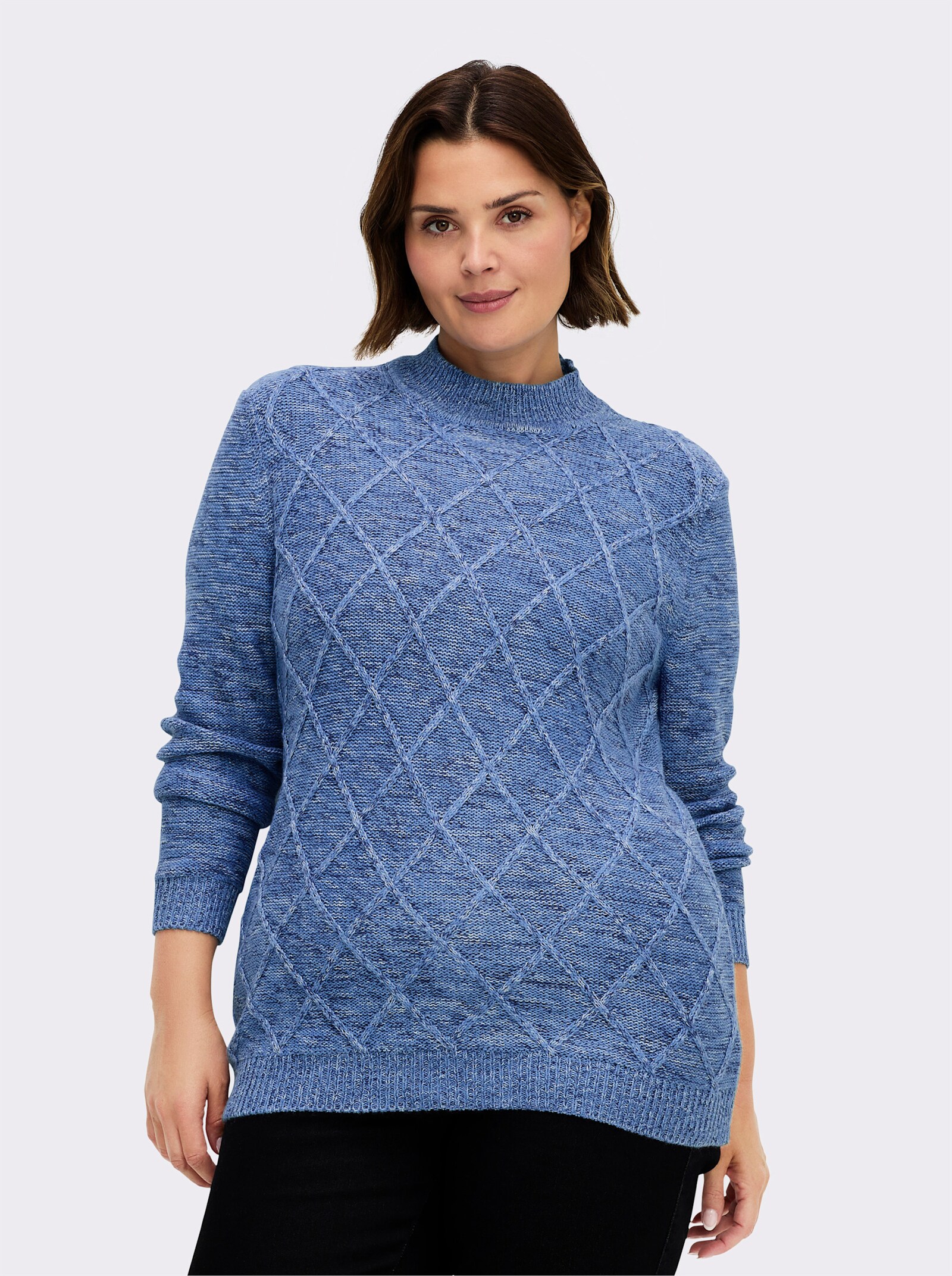 Stehkragenpullover im Rauten-Dessin - blau-meliert
