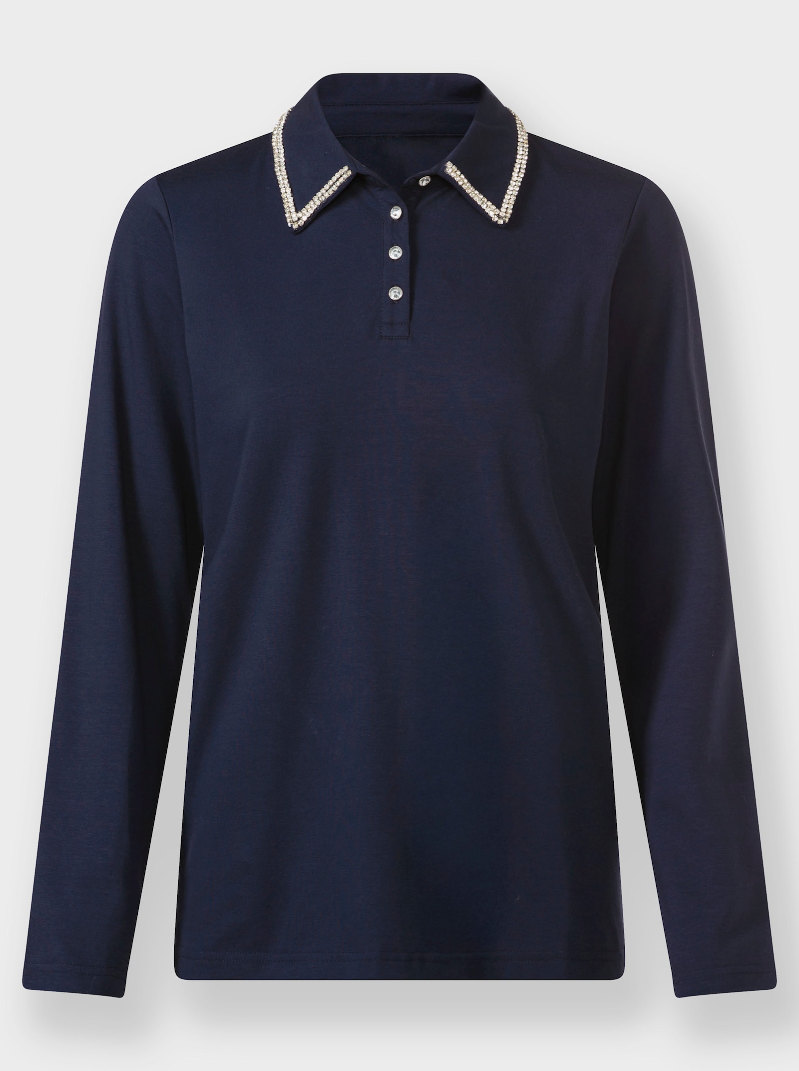 heine Langarm-Poloshirt mit Glitzersteinchen - marine