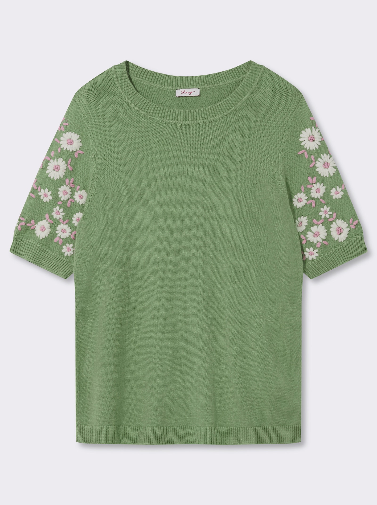 sheego Kurzarmpullover mit Blumenstickereien - eucalyptus-ecru