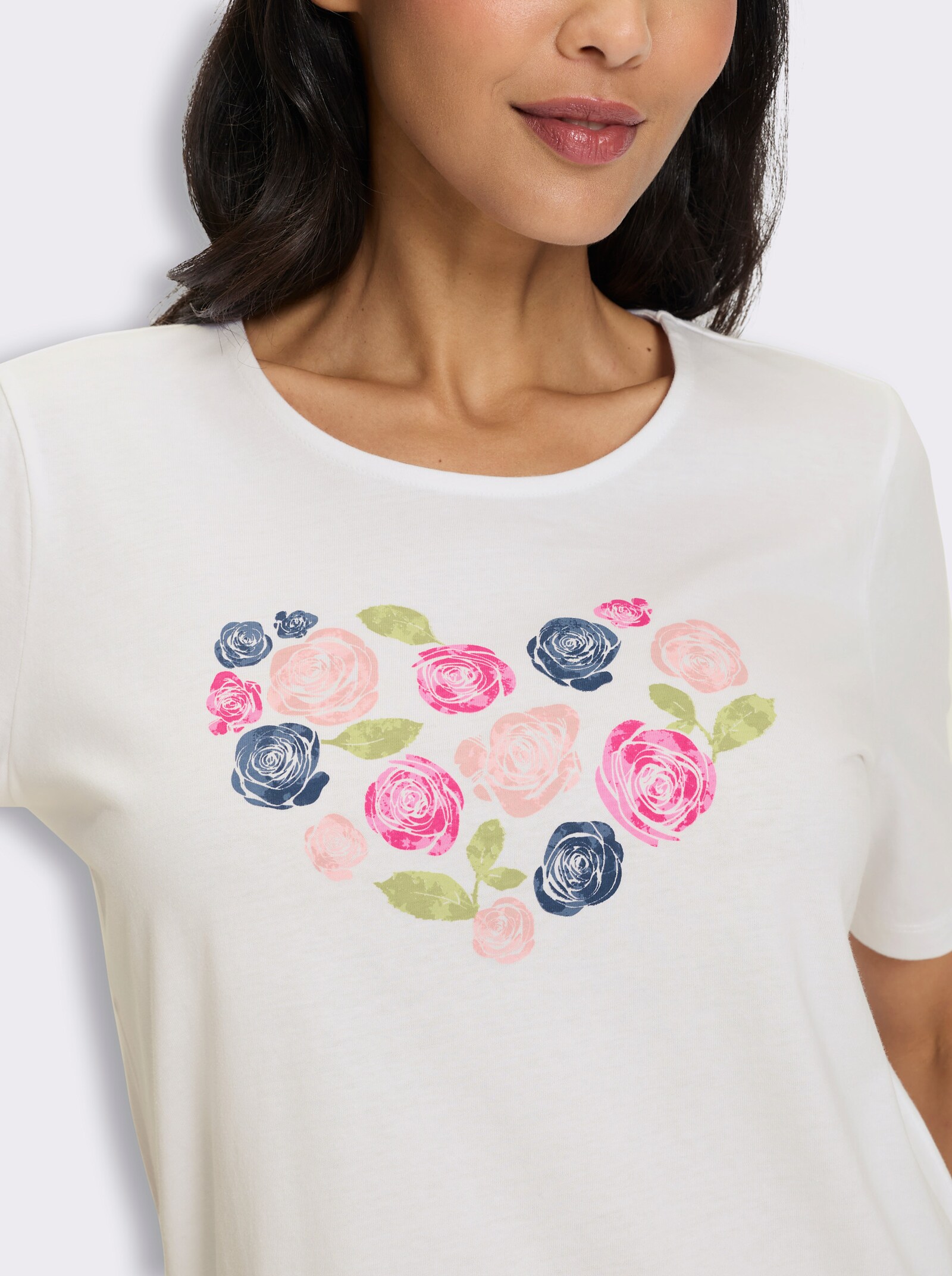 Kurzarmshirt mit Herz-Motiv aus Blüten - weiß-fuchsia
