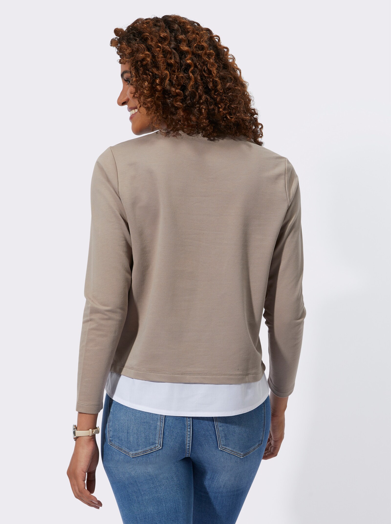 2-in-1-Langarmshirt mit Blusenstoff-Saum - taupe