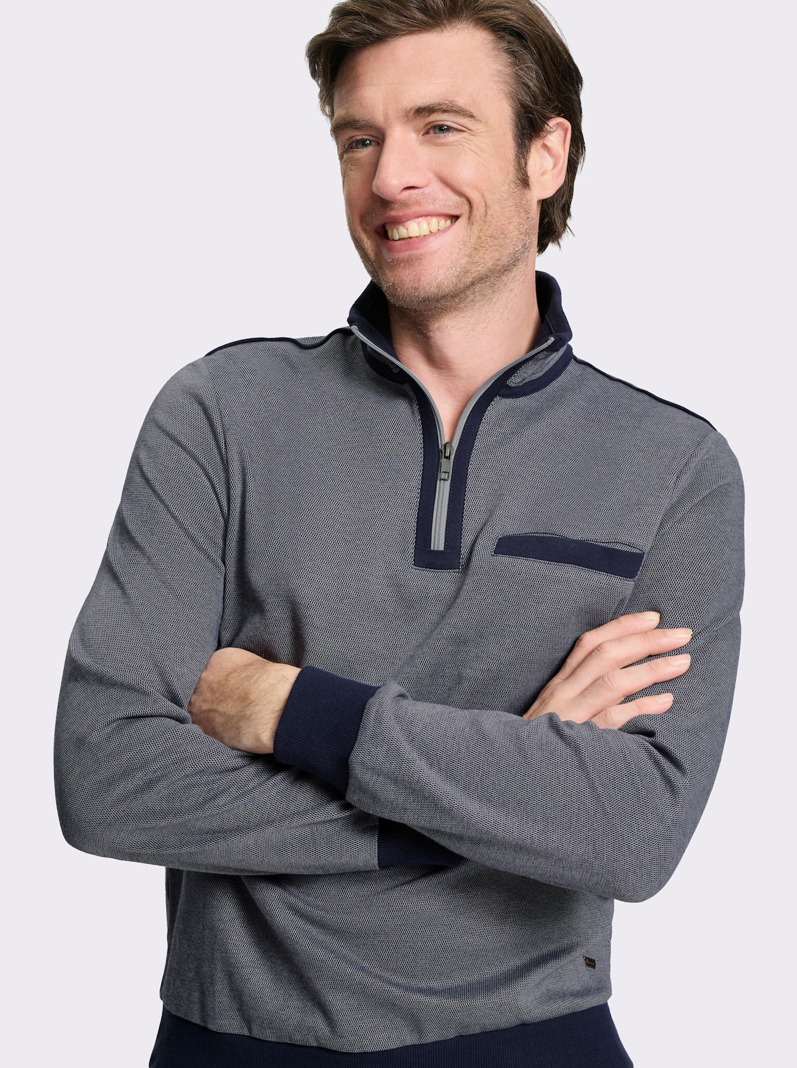 Marco Donati Langarmshirt in Struktur-Qualität - marine-steingrau-meliert