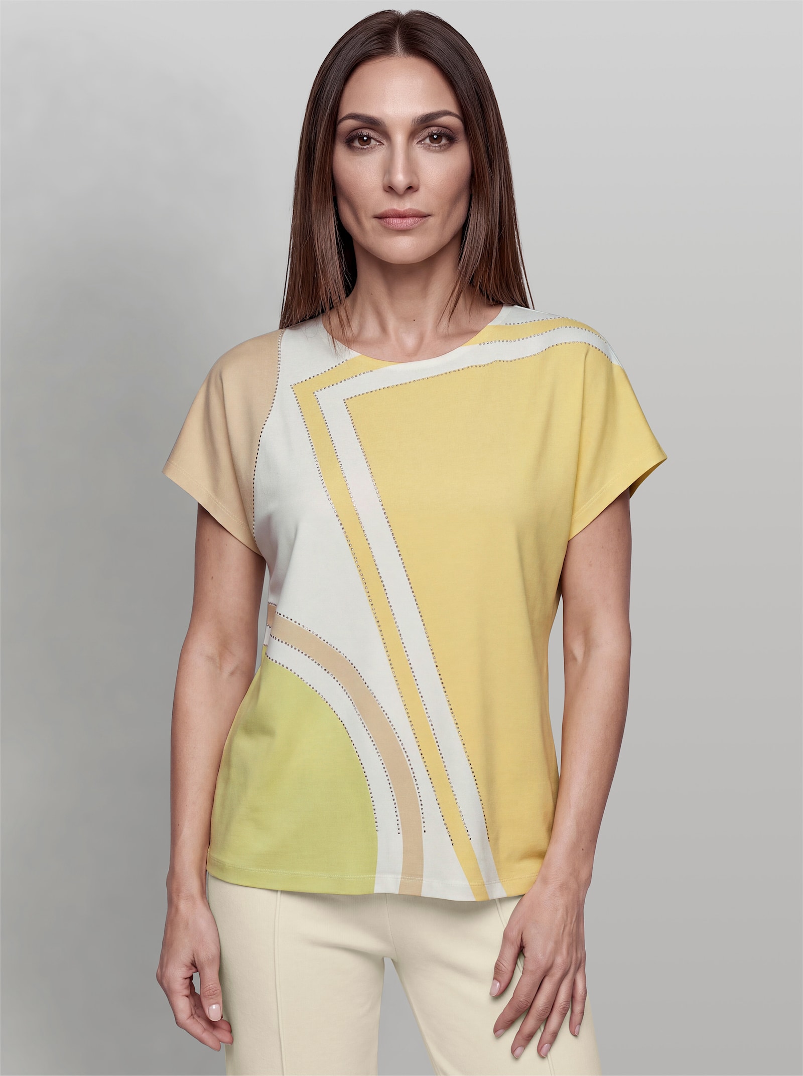heine Print-Shirt mit Glitzersteinchen - ecru-zitrone-bedruckt