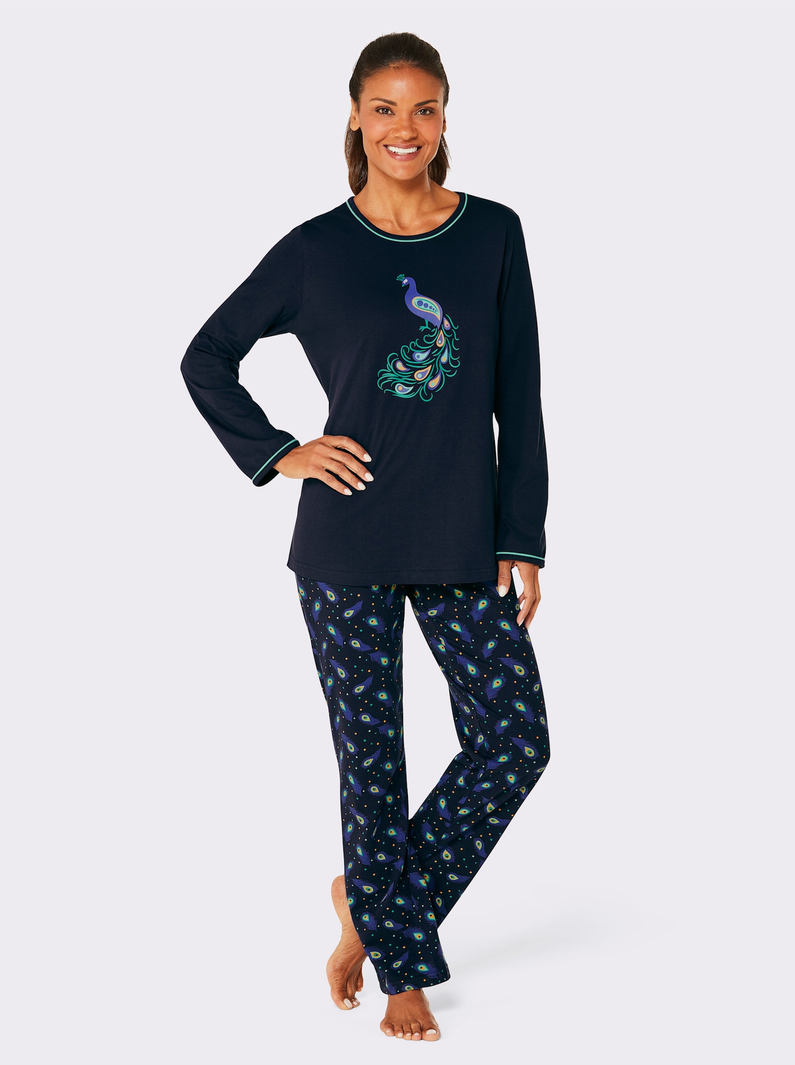 Comtessa Schlafanzug mit Pfauen-Druck - marine-blaugrün-bedruckt