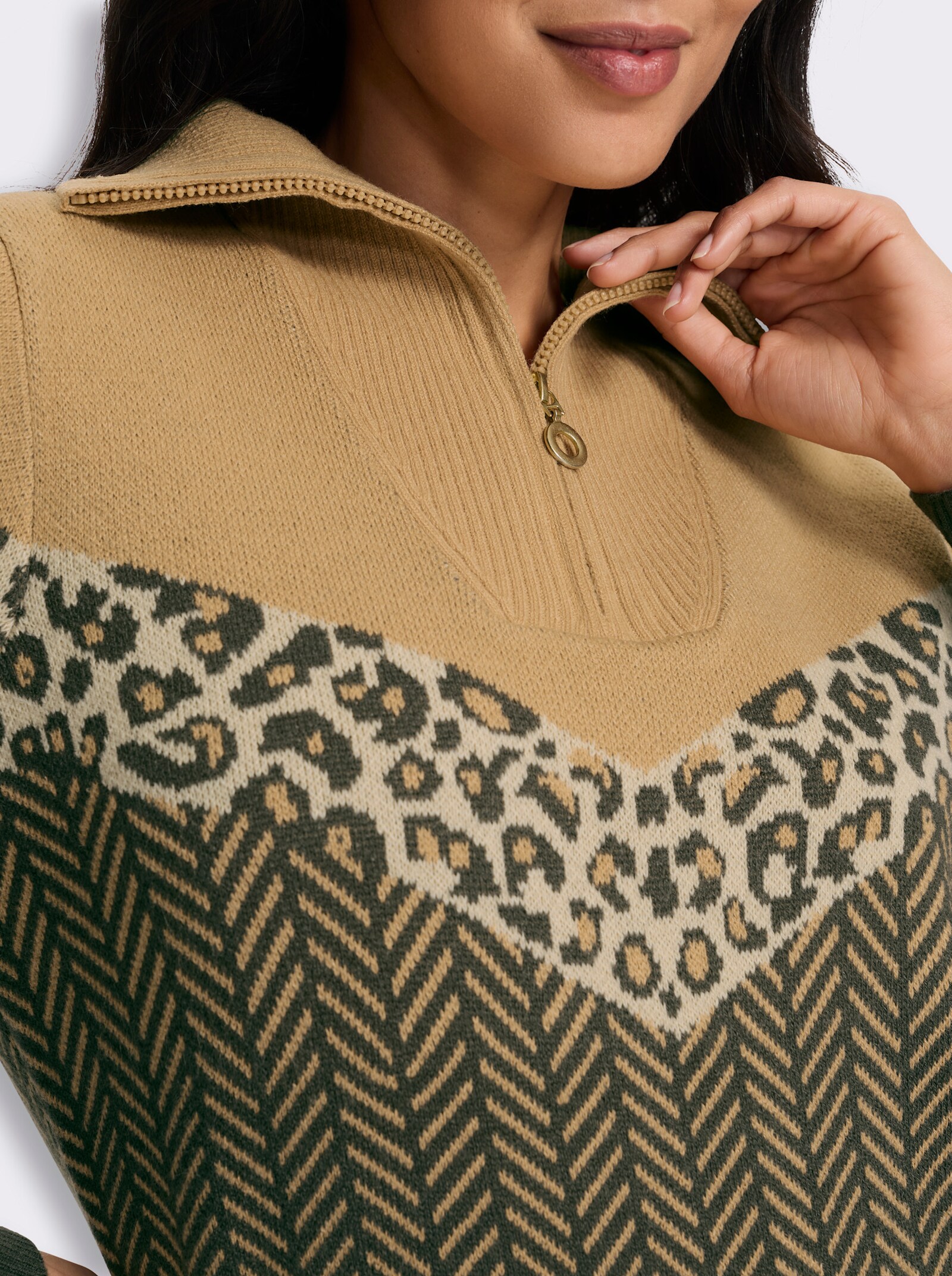 Troyer mit Kontrasten - camel-graphit-gemustert