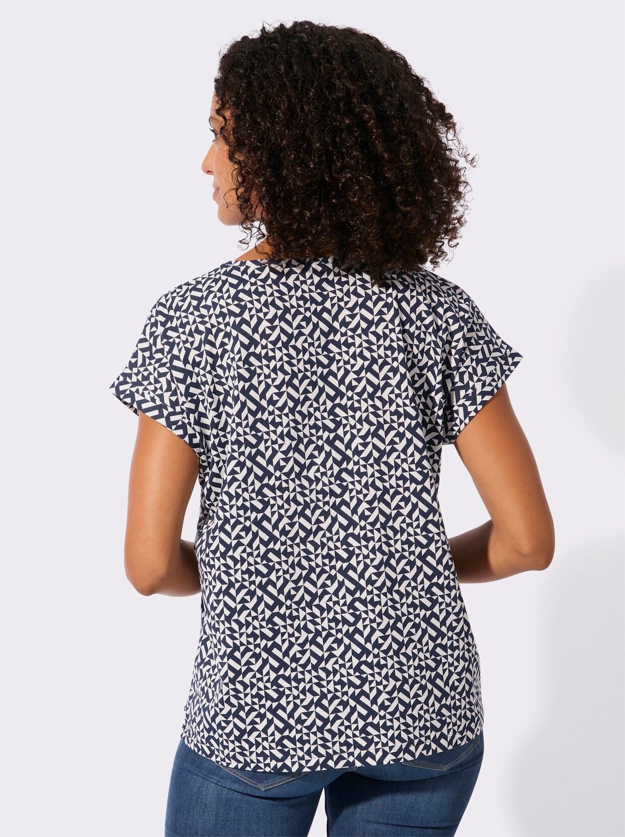 Print-Shirt mit paspeliertem Ausschnitt - marine-ecru