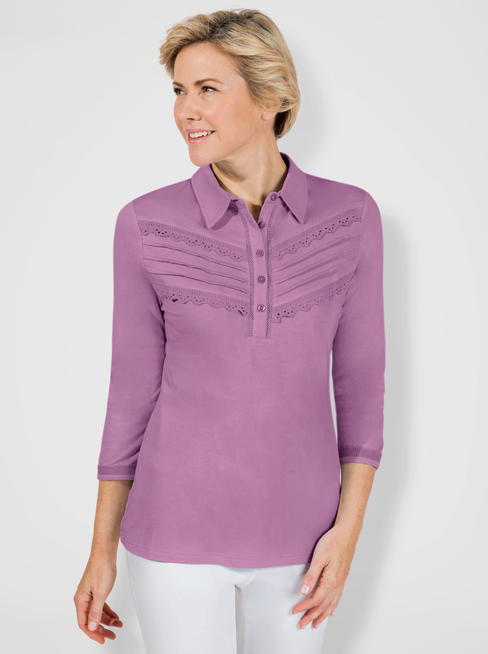 Poloshirt met sierbiezen - orchidee