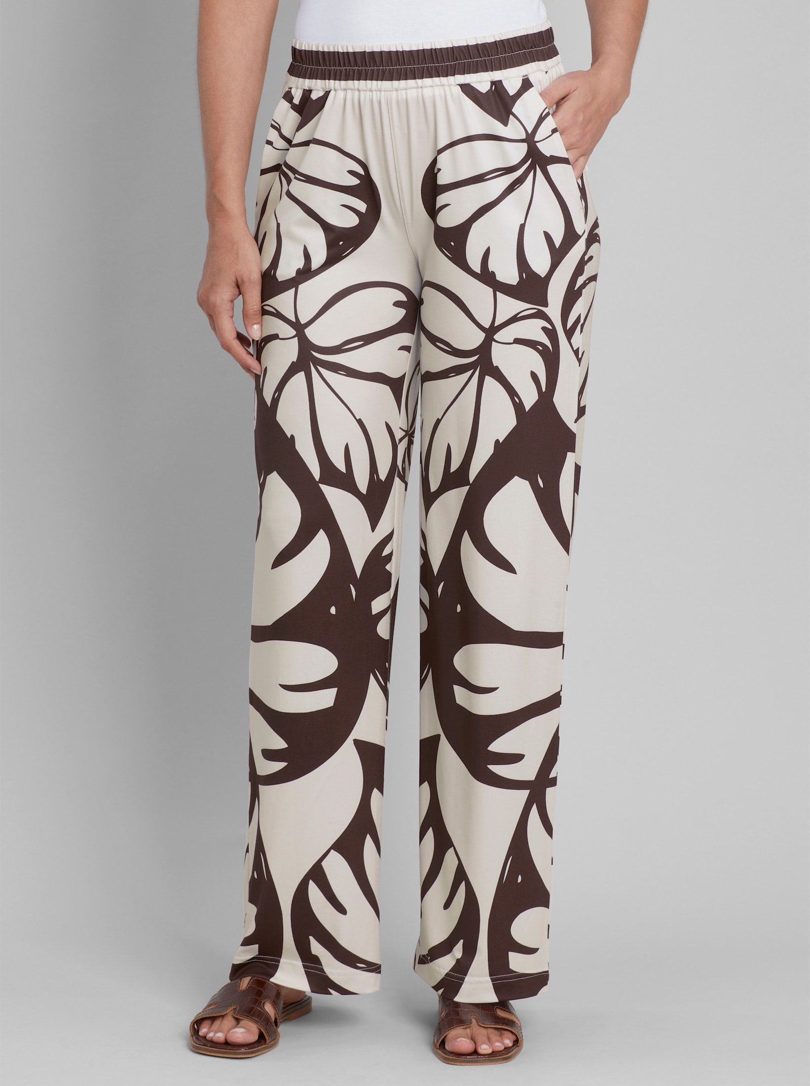 heine Jerseyhose mit Blätter-Druck - ecru-schoko-bedruckt