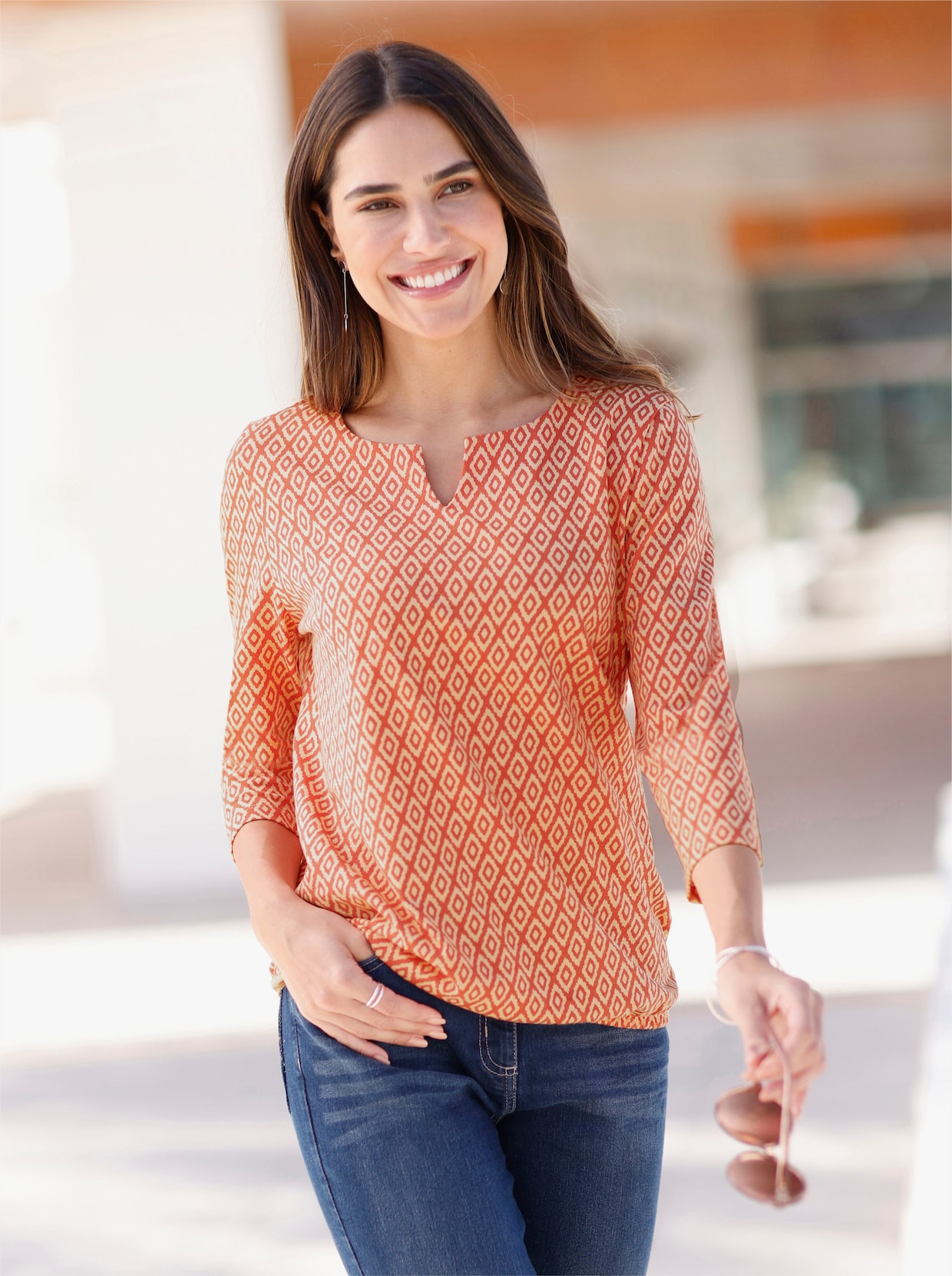 Shirt met 3/4-mouw - terra/apricot geprint