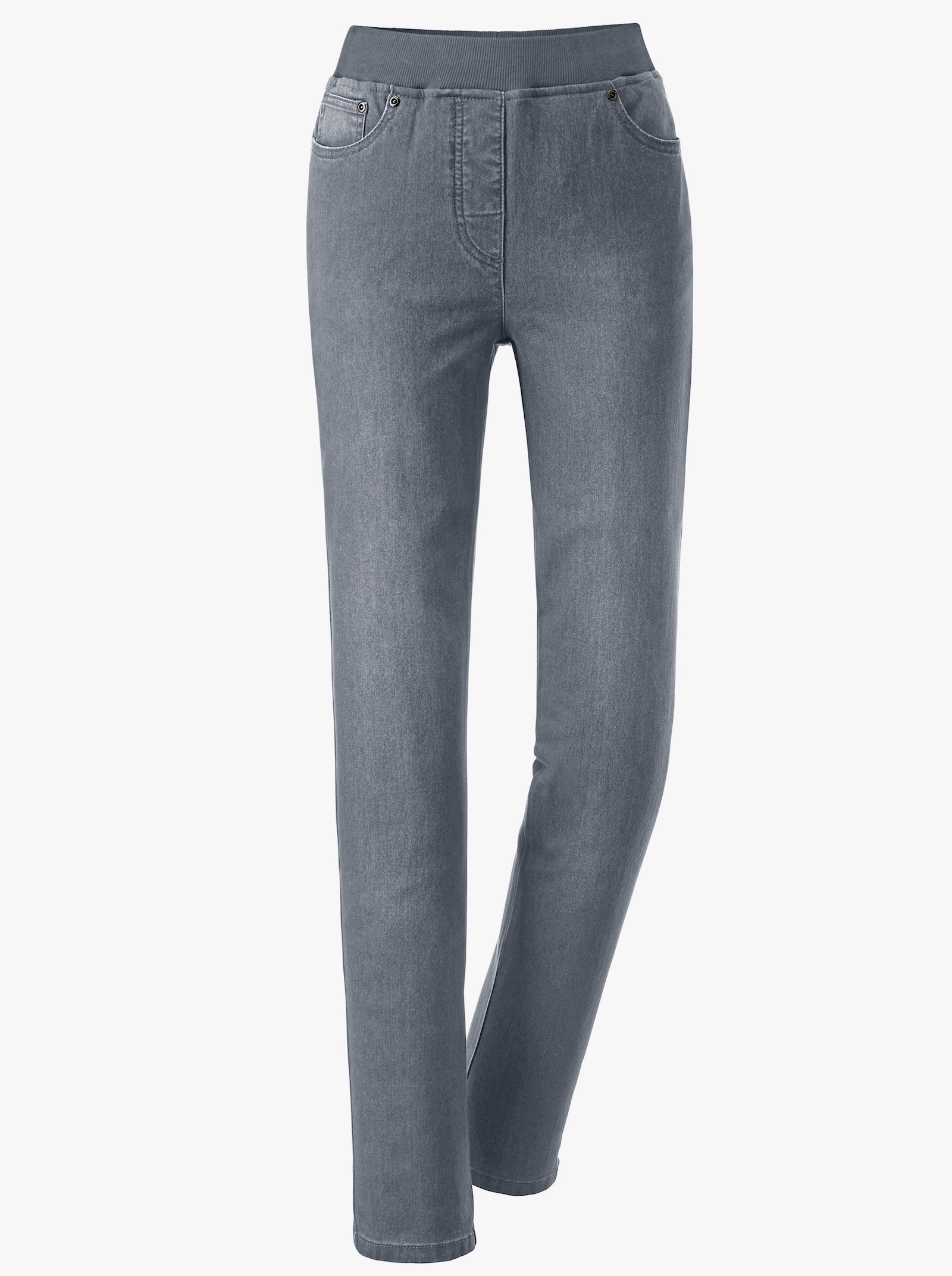 Schlupfjeans mit geripptem Strick-Dehnbund - grey-denim