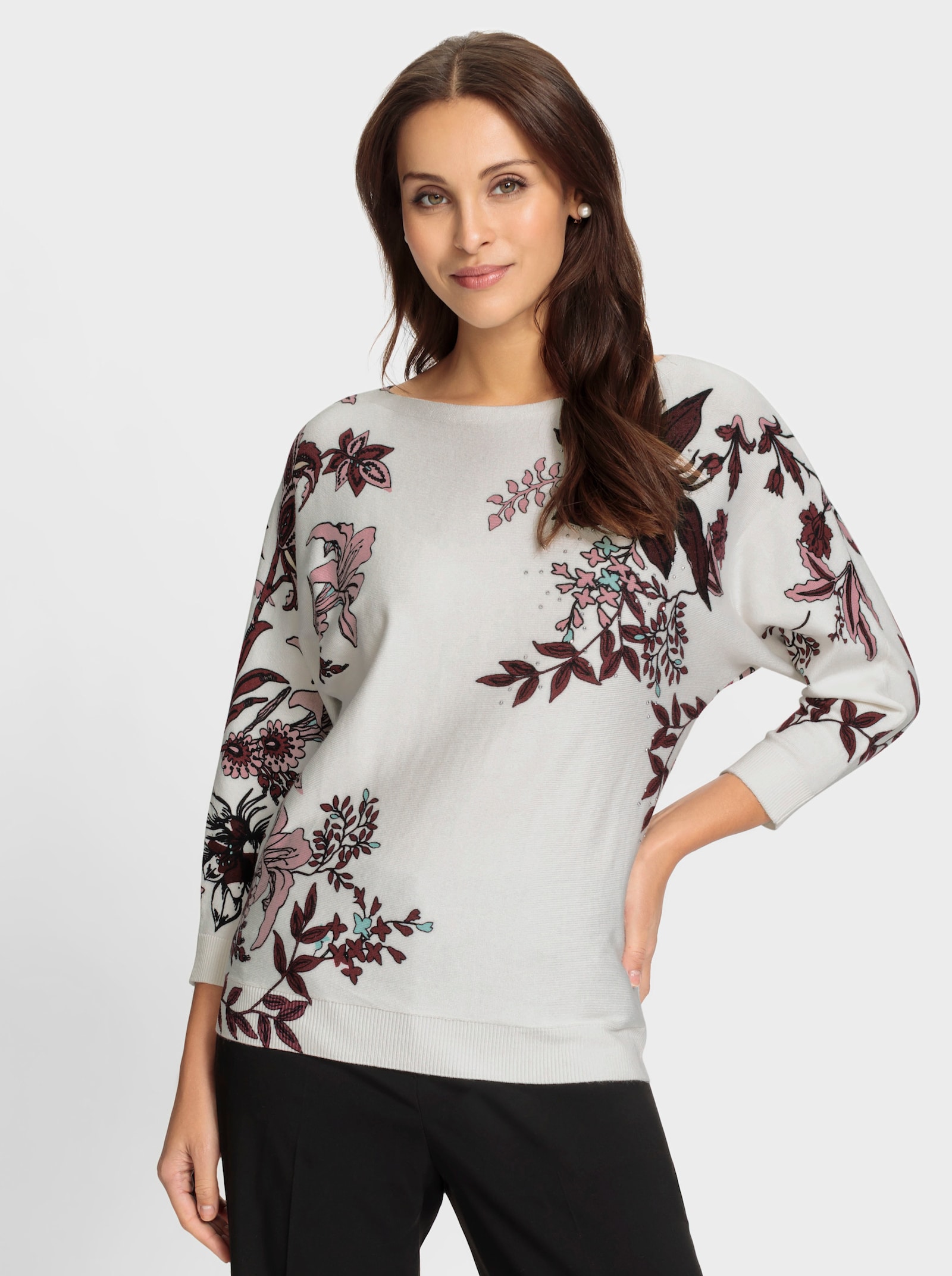 3/4 Arm-Pullover mit U-Boot-Ausschnitt - ecru-burgund-bedruckt