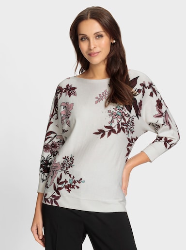 3/4 Arm-Pullover mit U-Boot-Ausschnitt - ecru-burgund-bedruckt