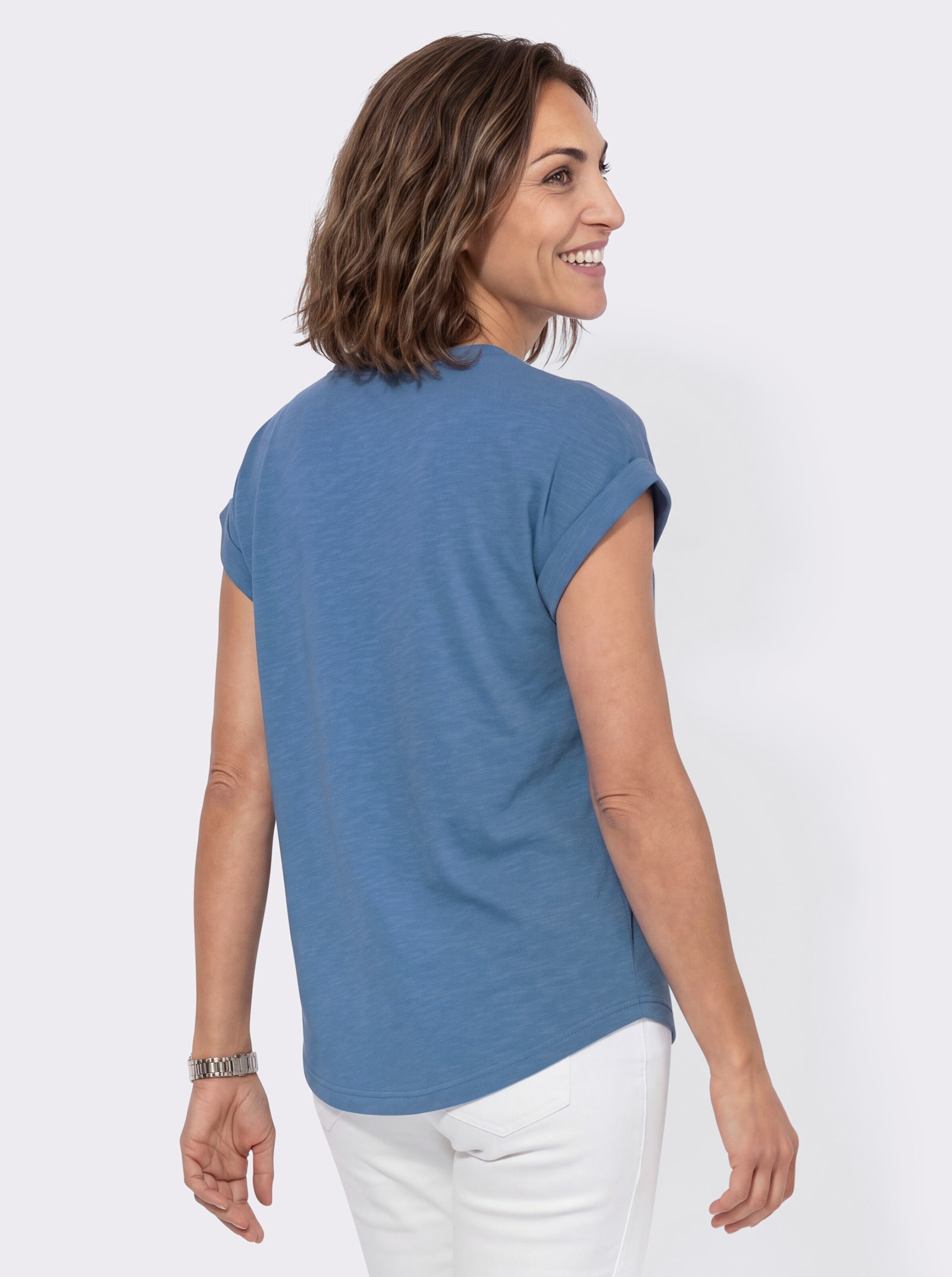 Kurzarmshirt mit Ärmelaufschlägen - mittelblau