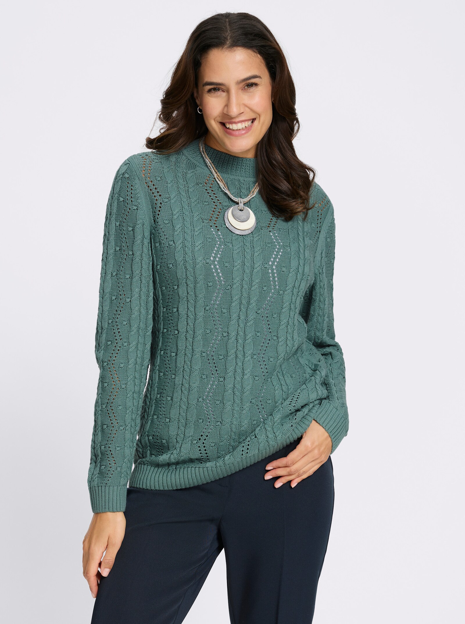Stehkragenpullover mit Zopfmuster - jade