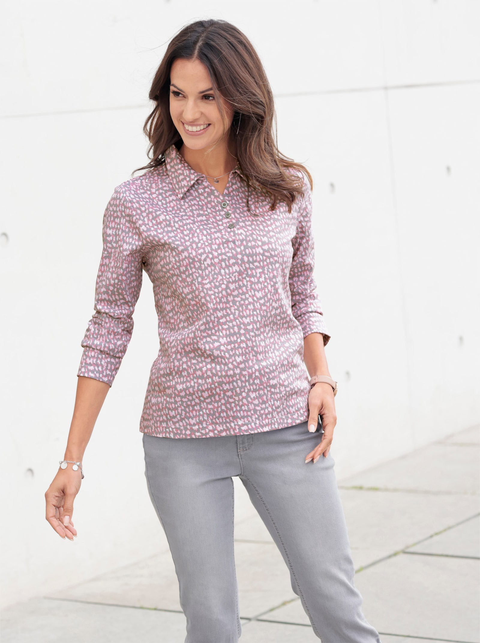 Poloshirt met knoopsluiting - hortensia/steengrijs bedrukt