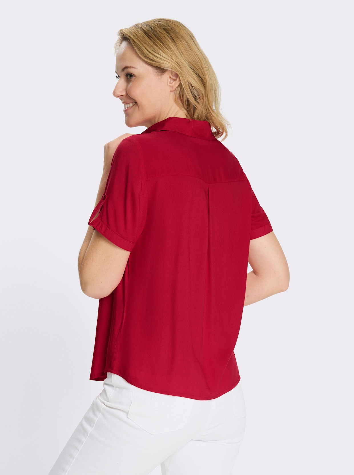 Kurzarmbluse mit Applikation in Leder-Optik - rot