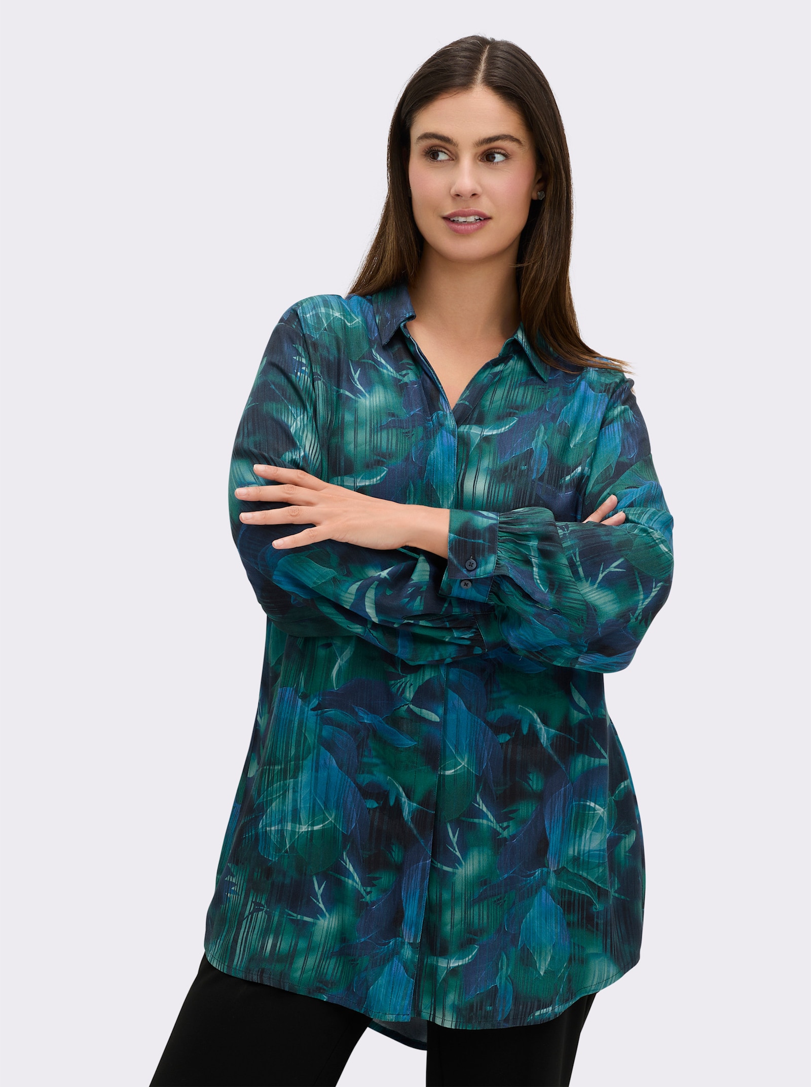 sheego Longbluse mit Blumenprint und Streifen - tiefblau-bedruckt