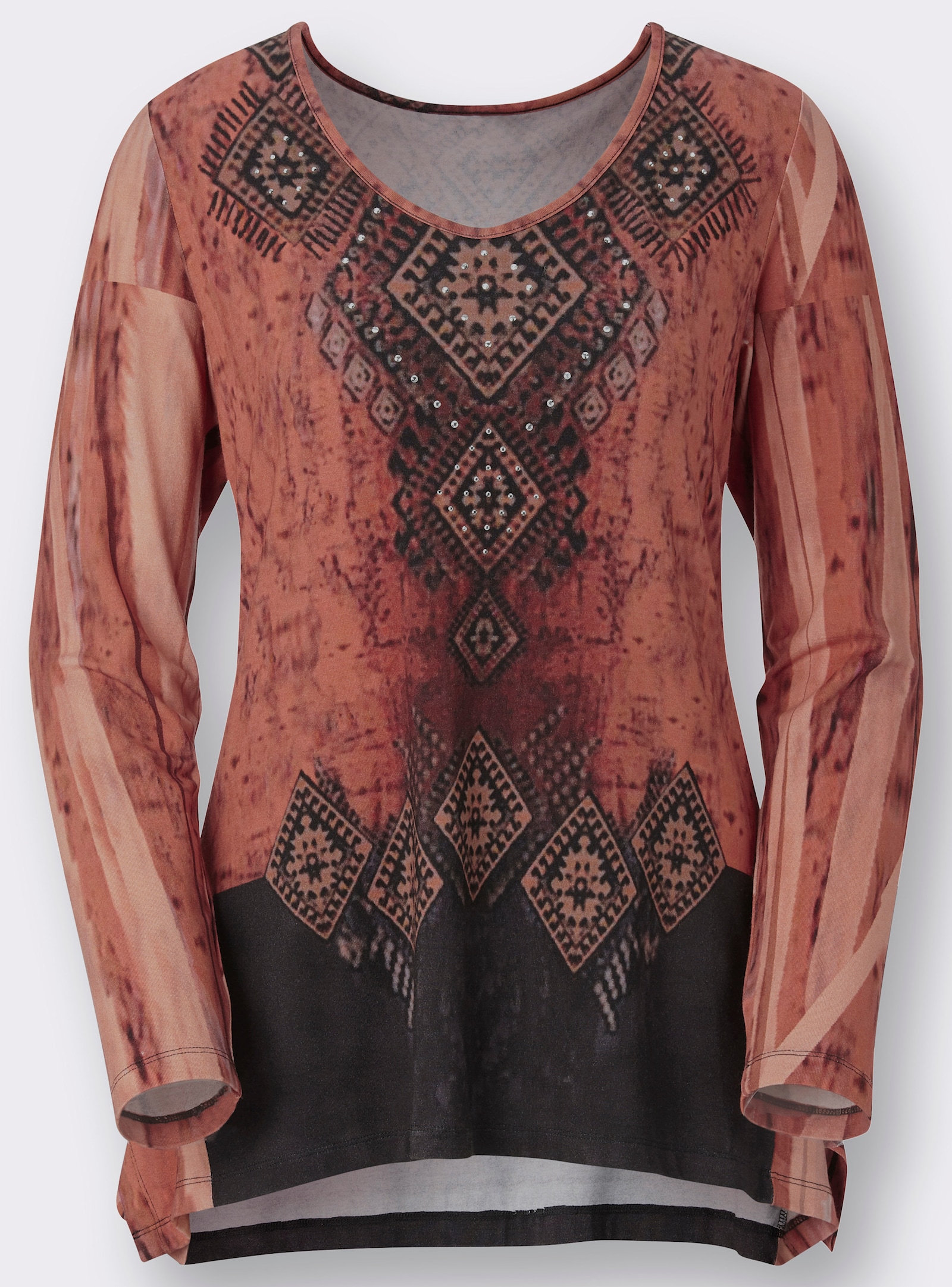 Zipfelshirt seitlich länger - schwarz-rost-gemustert