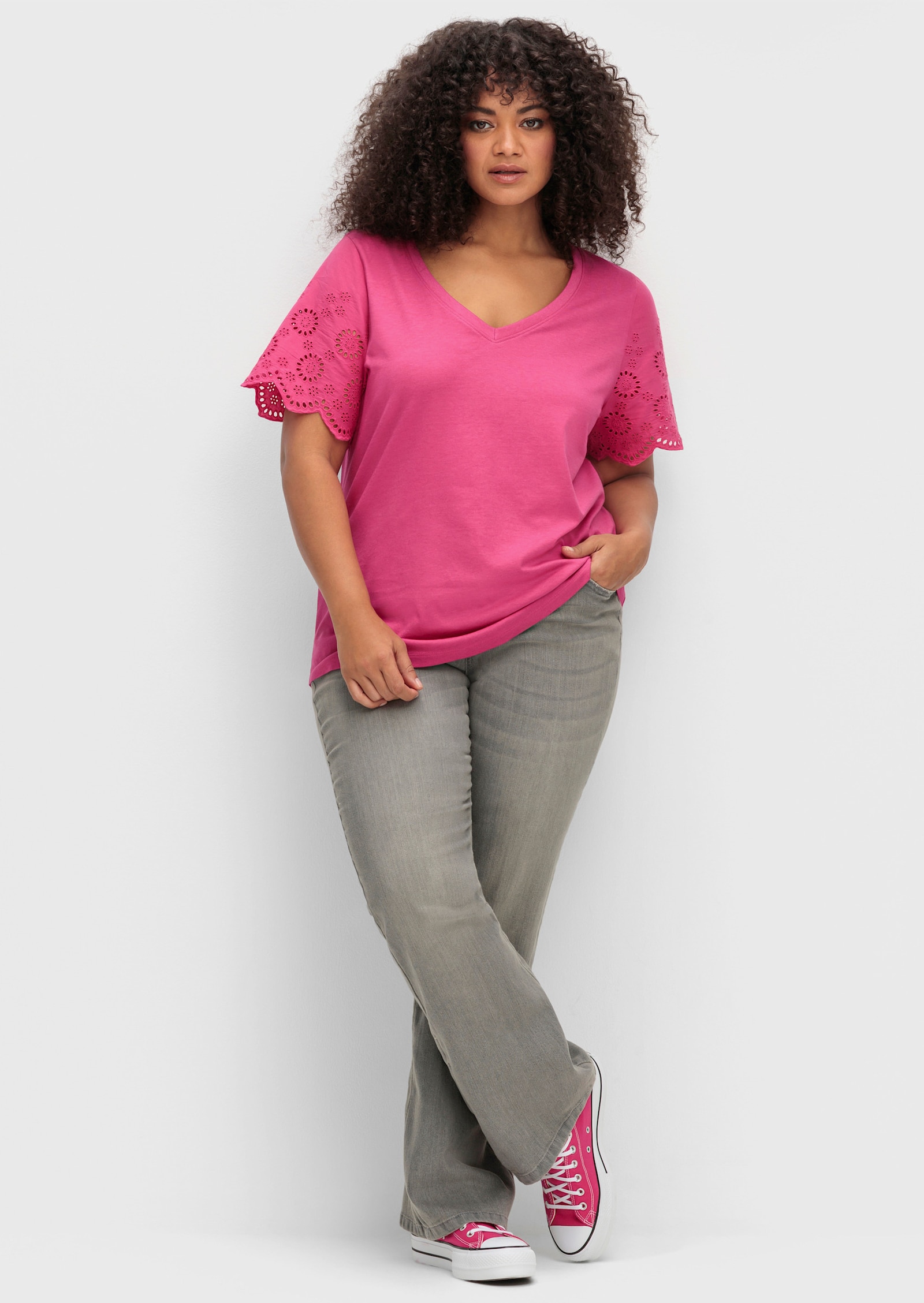 sheego by Joe Browns Shirt met mouwen met ajourwerk - fuchsia