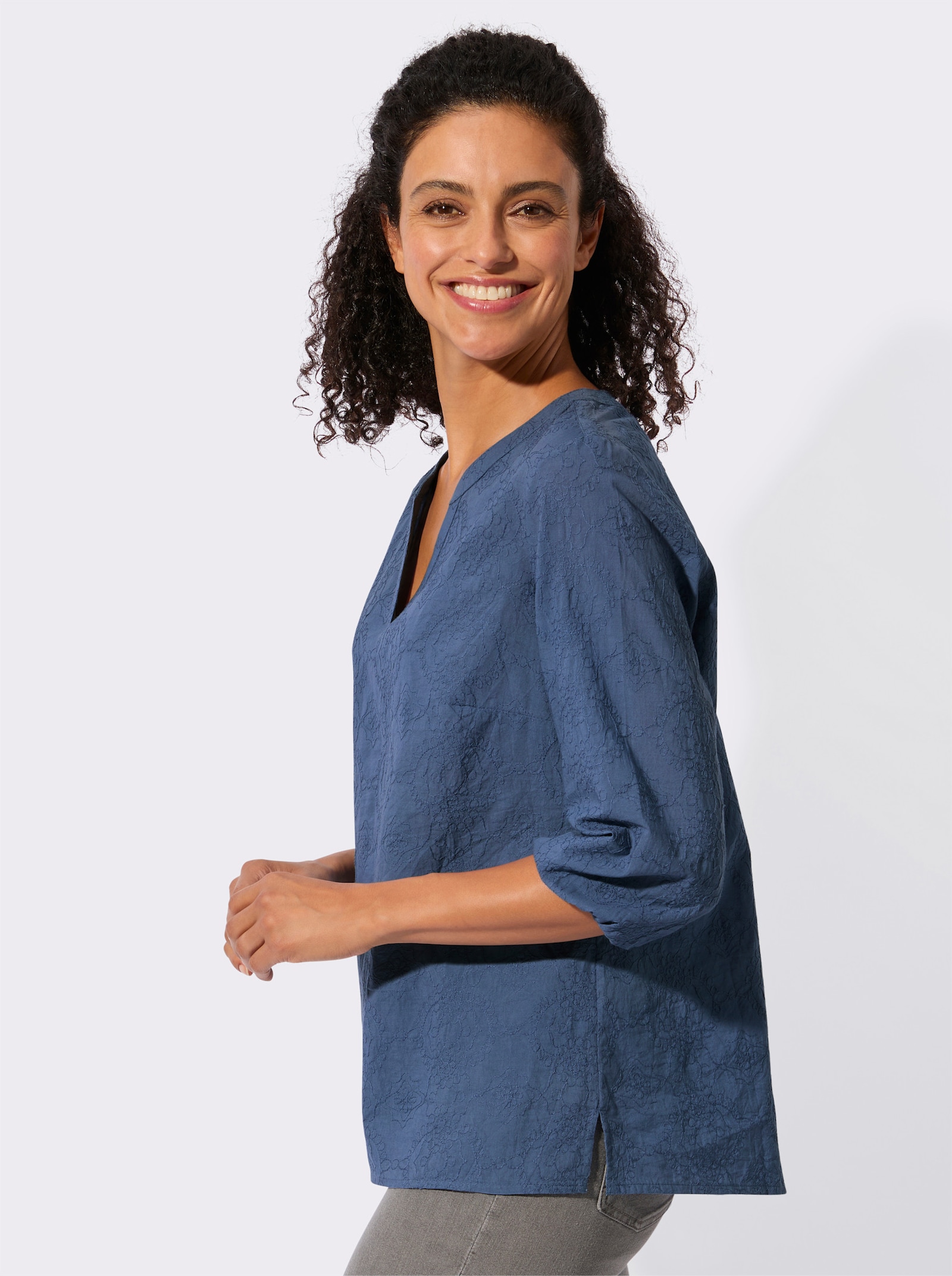 Impressionen Baumwollbluse mit Ton-in-Ton-Stickerei - jeansblau