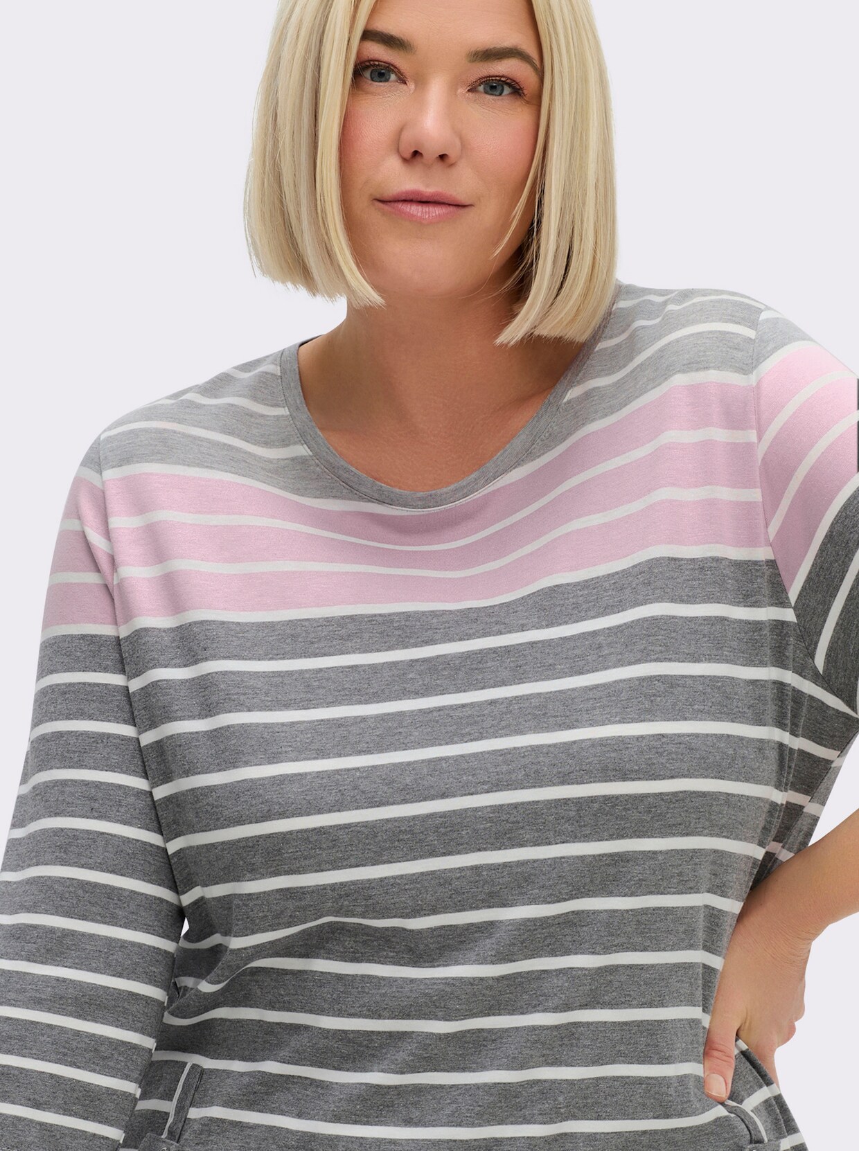 3/4-Arm-Shirt mit 2 imitierten Taschen - grau-rosé-gestreift