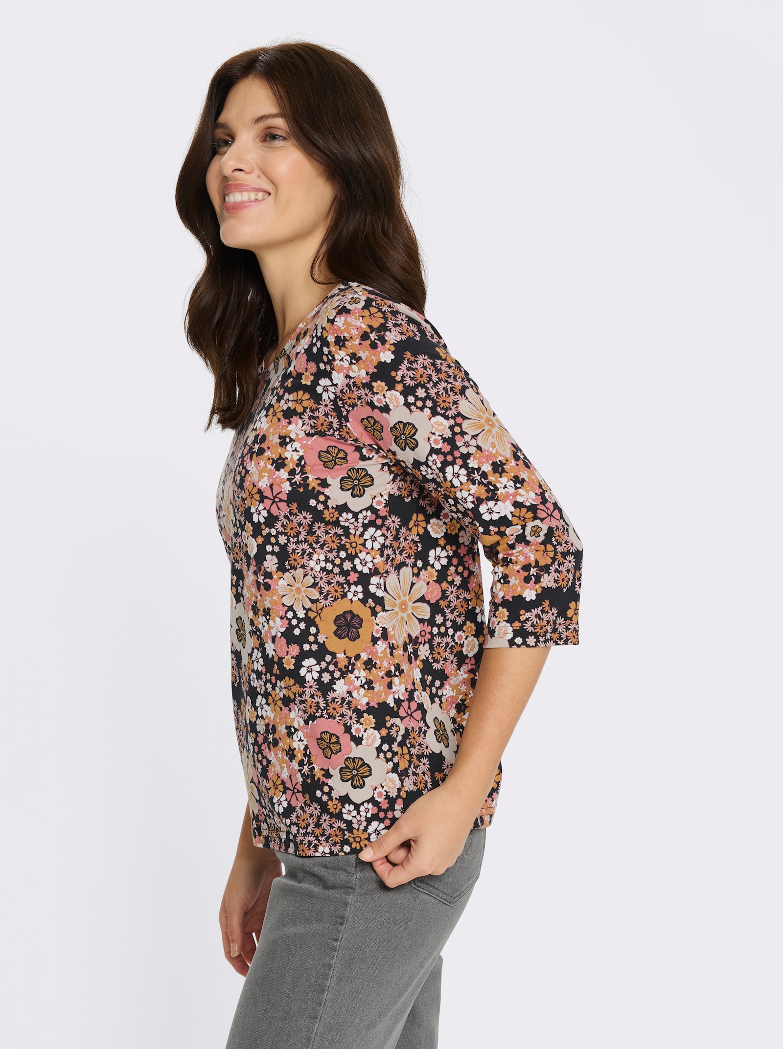 3/4-Arm-Shirt mit Blütendessin - schwarz-papaya-bedruckt