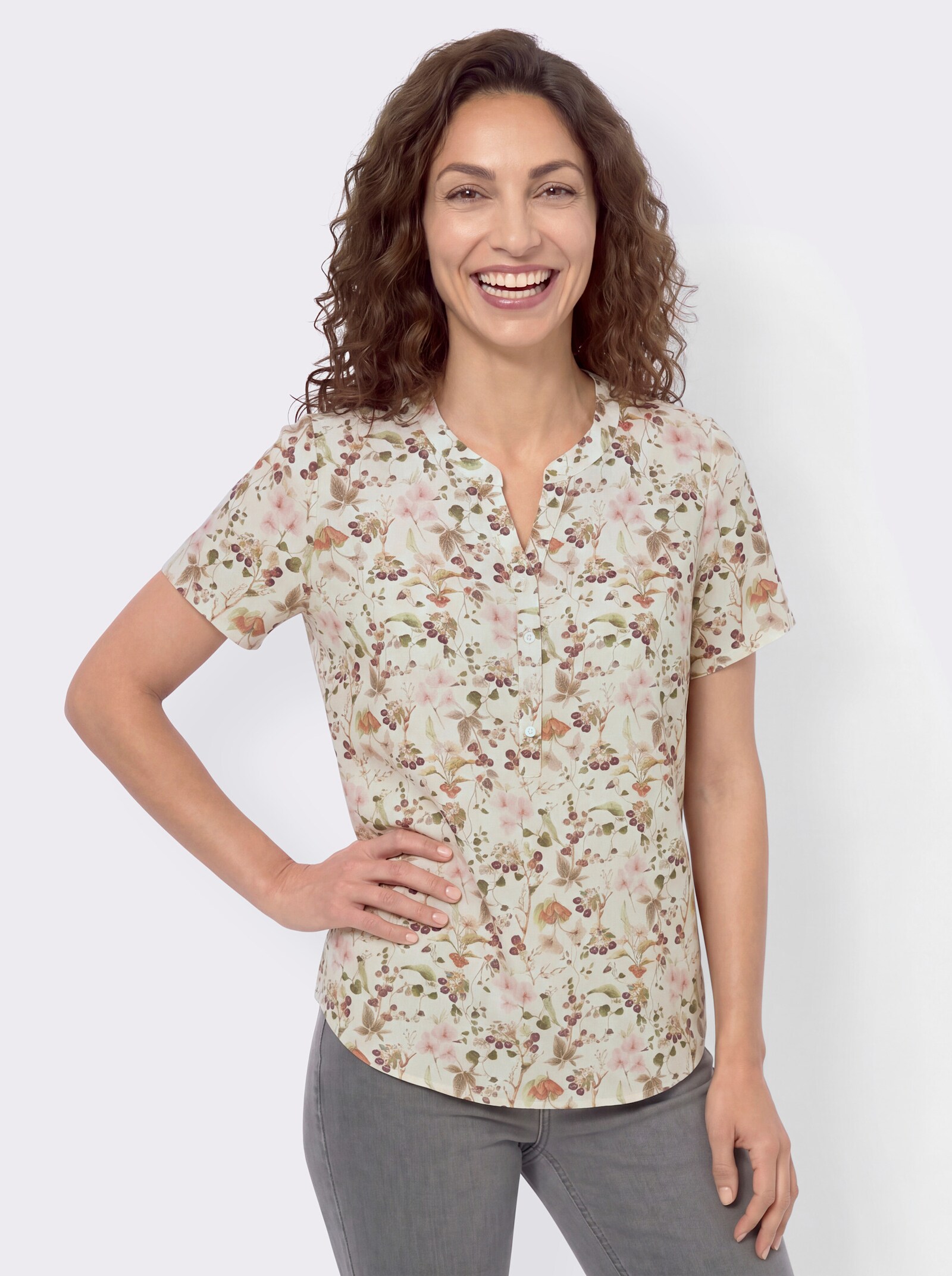 Druckbluse mit floralem Allover-Druck - champagner-schilf-bedruckt