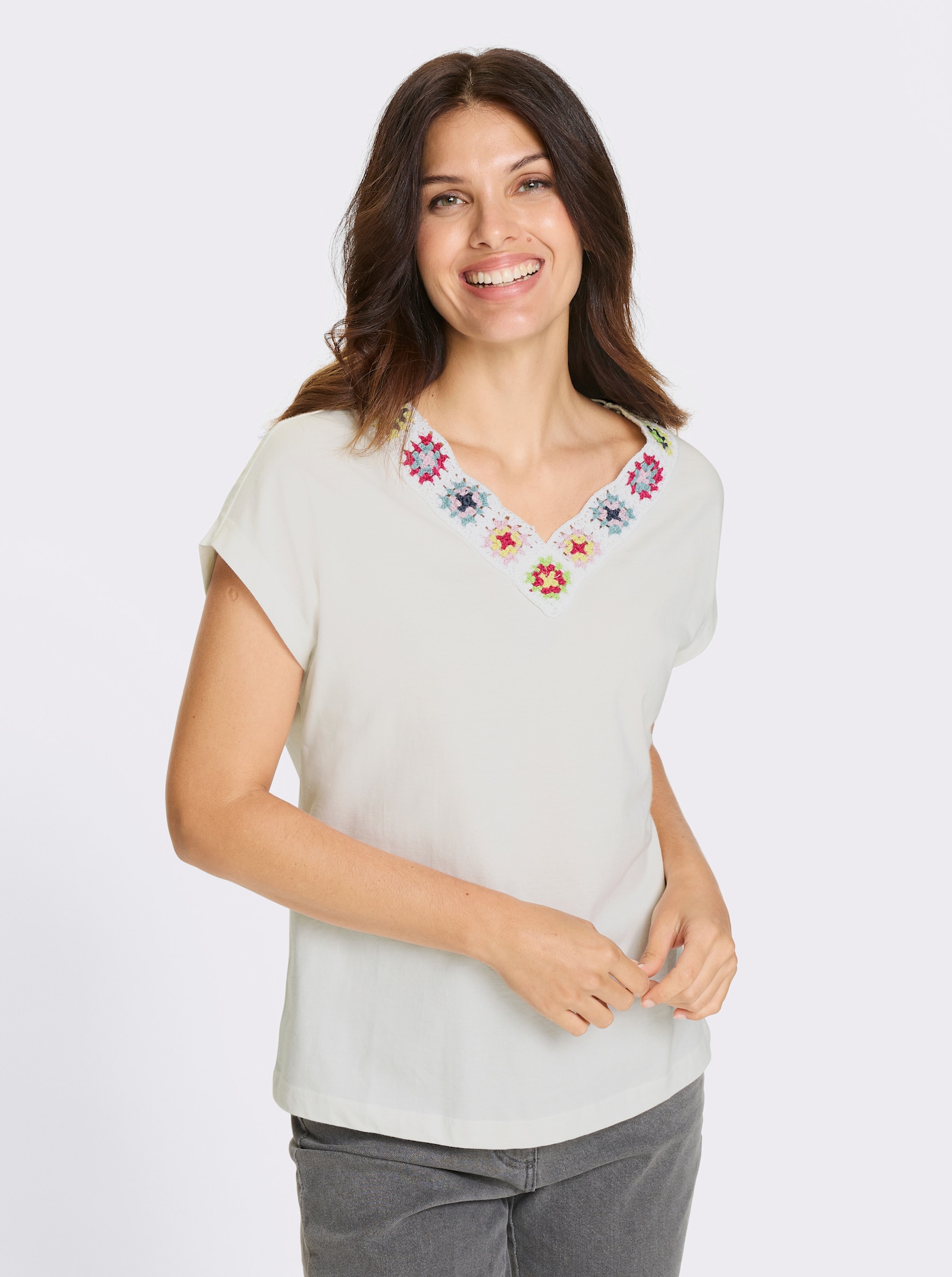 Kurzarmshirt mit Häkelspitze - ecru-fuchsia