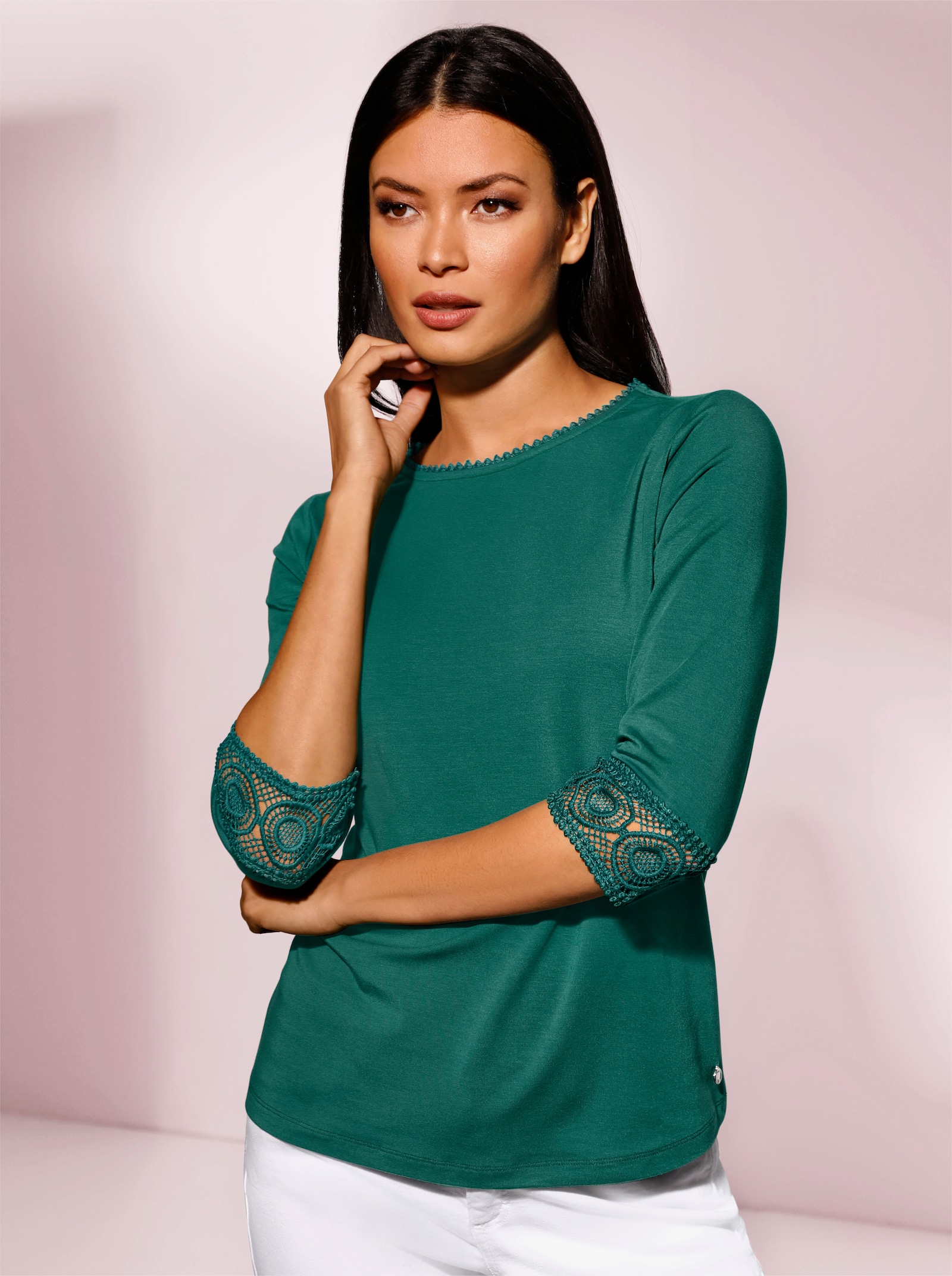 CREATION L PREMIUM 3/4-Arm-Shirt mit Spitzenbordüre an Ausschnitt und Ärmeln - dunkelgrün