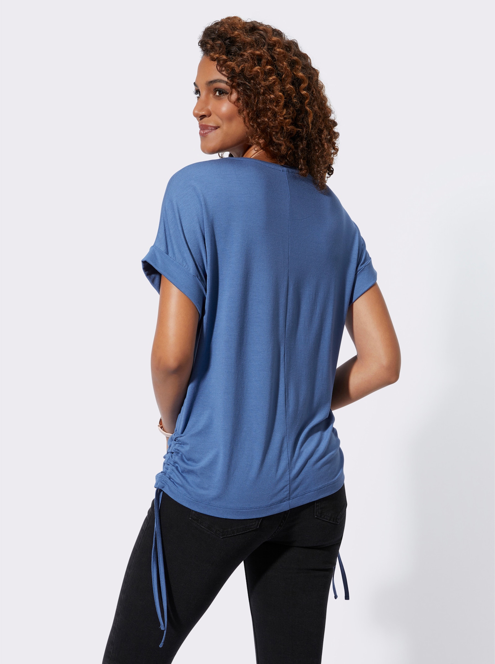 Shirt met korte mouwen, met rimpeling opzij - jeansblauw