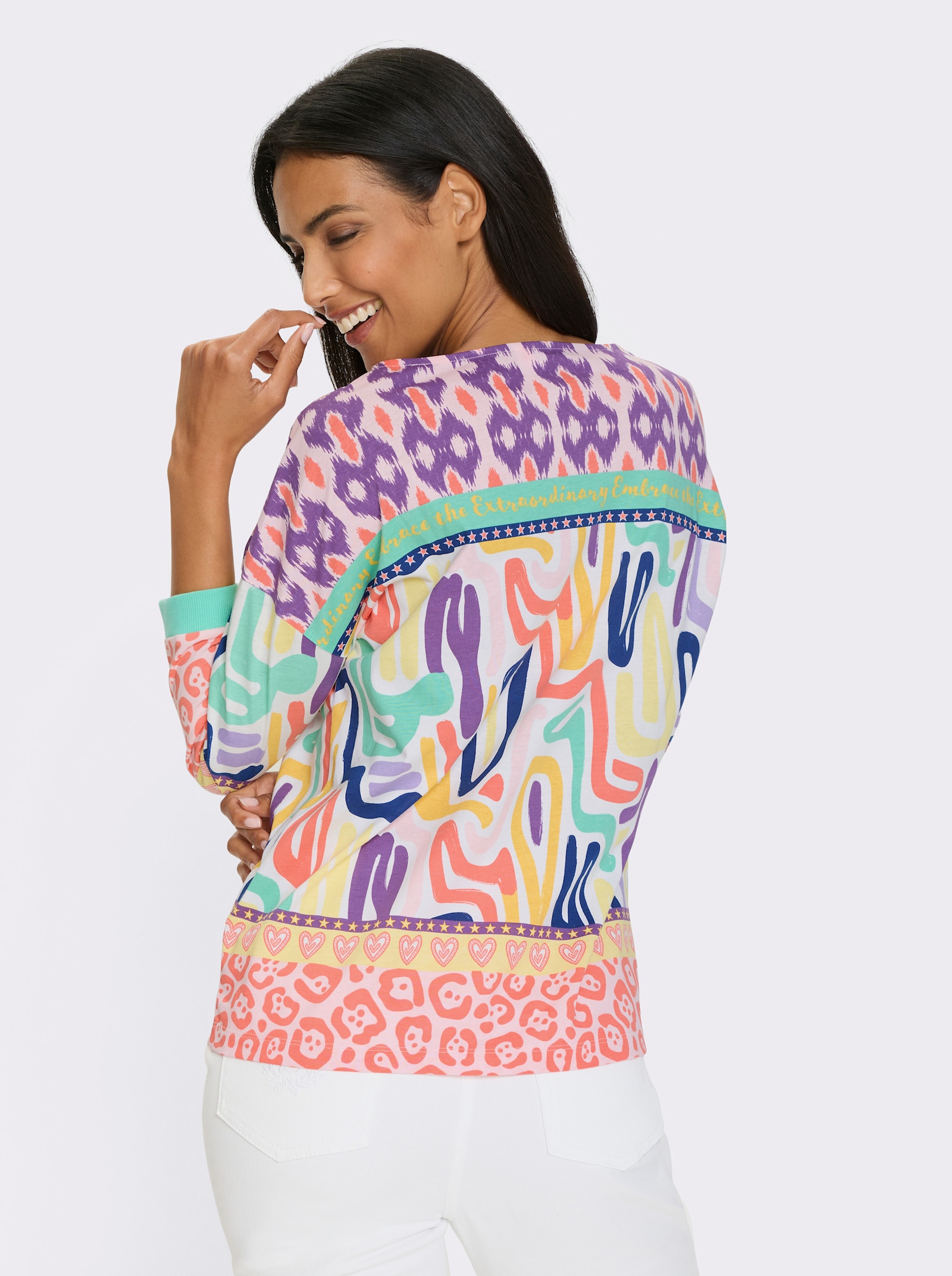 3/4-Arm-Shirt mit Bordüren-Print - weiß-koralle-bedruckt