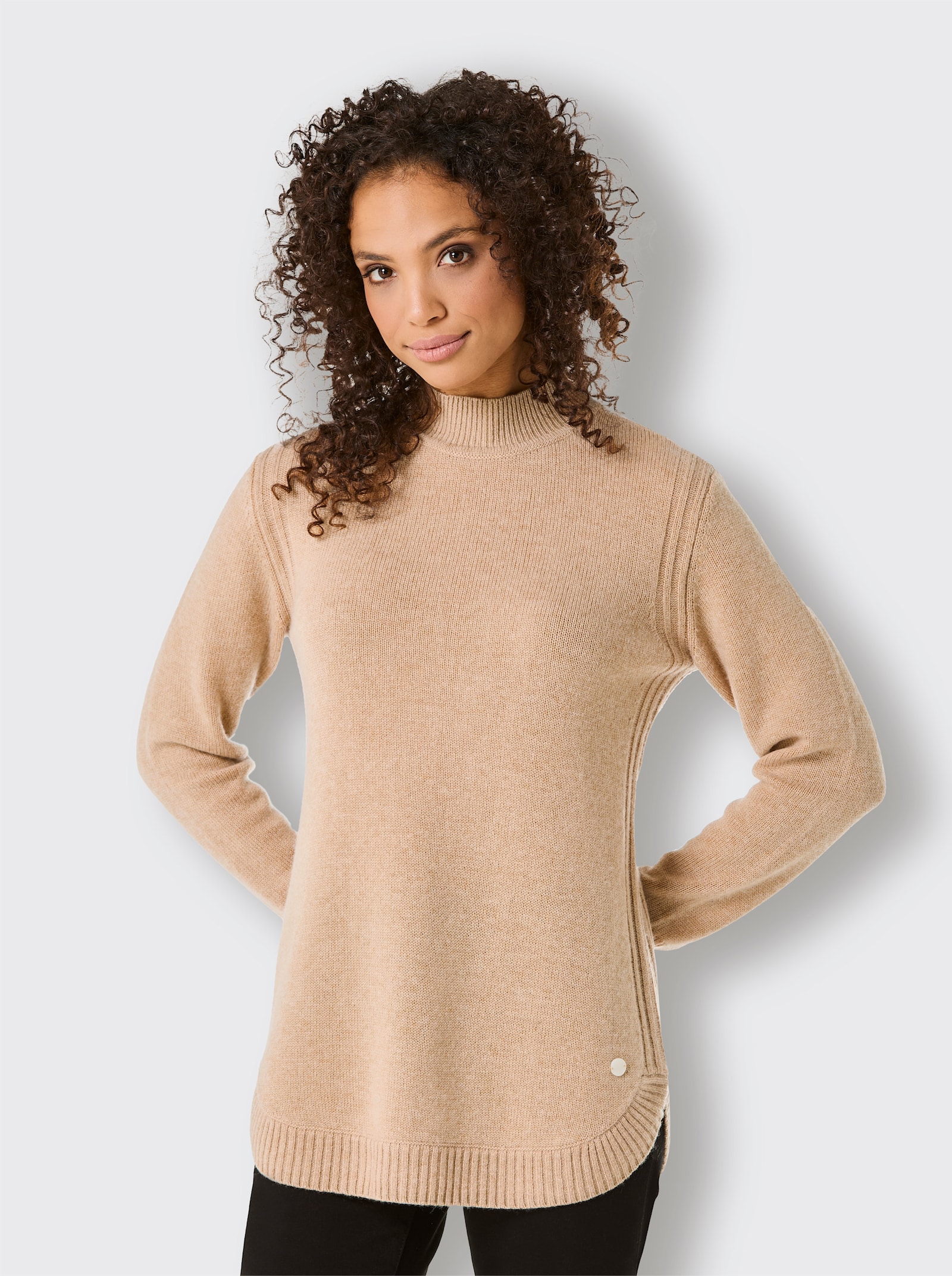 CREATION L PREMIUM Stehkragenpullover Mit seitlichen Einsätzen - camel-meliert