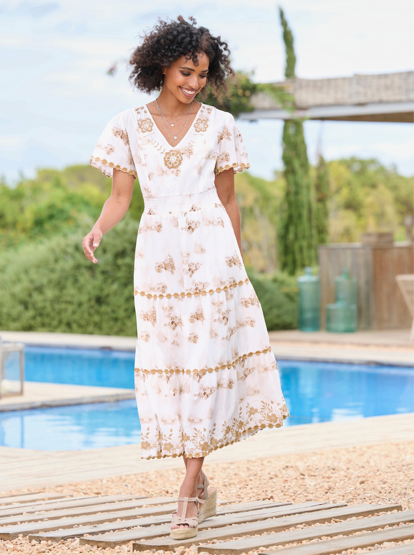 heine Jurk met print en borduursel met sierkralen - wit/camel bedrukt