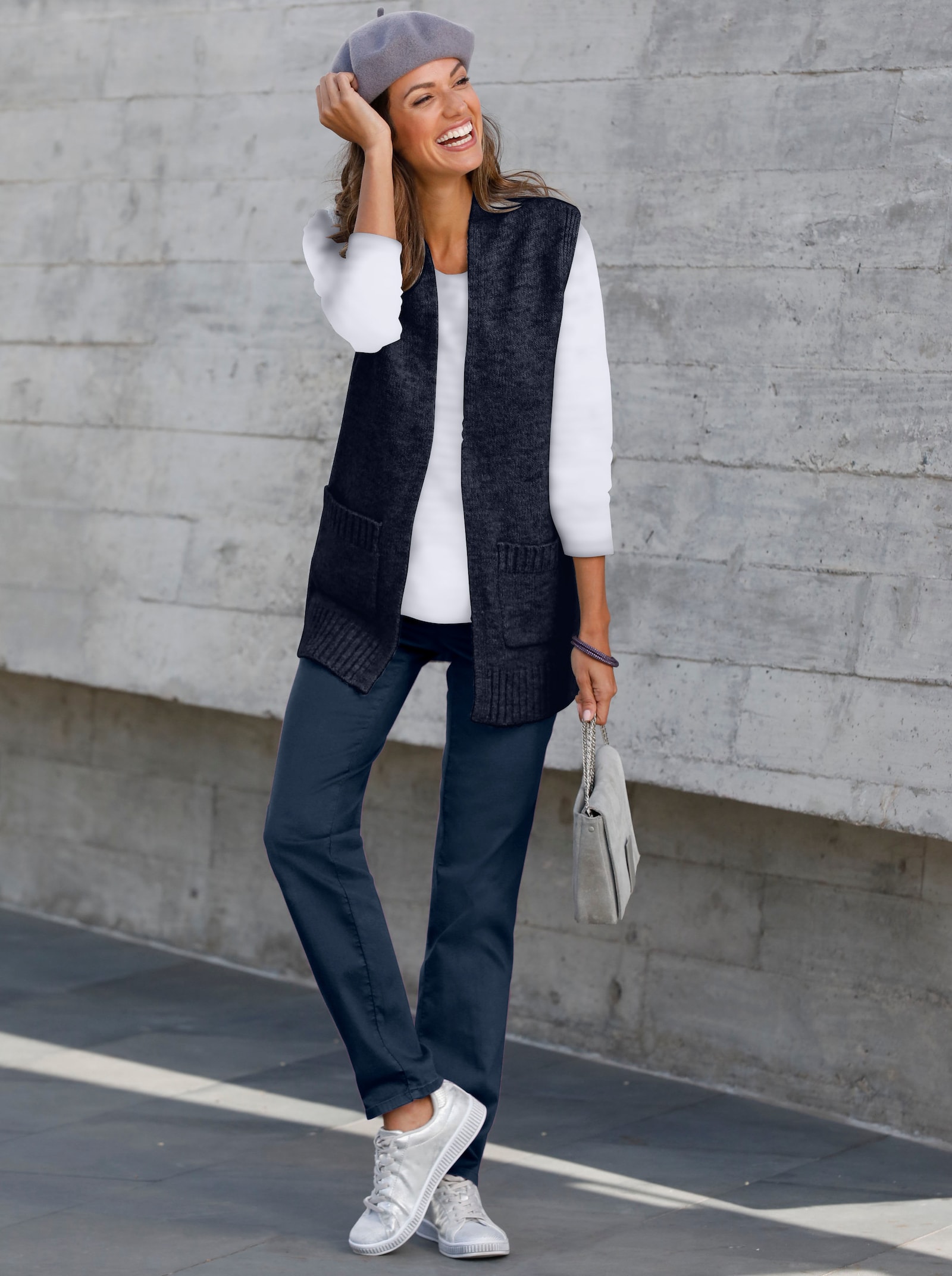 Longweste aus Melange-Garn - marine-meliert