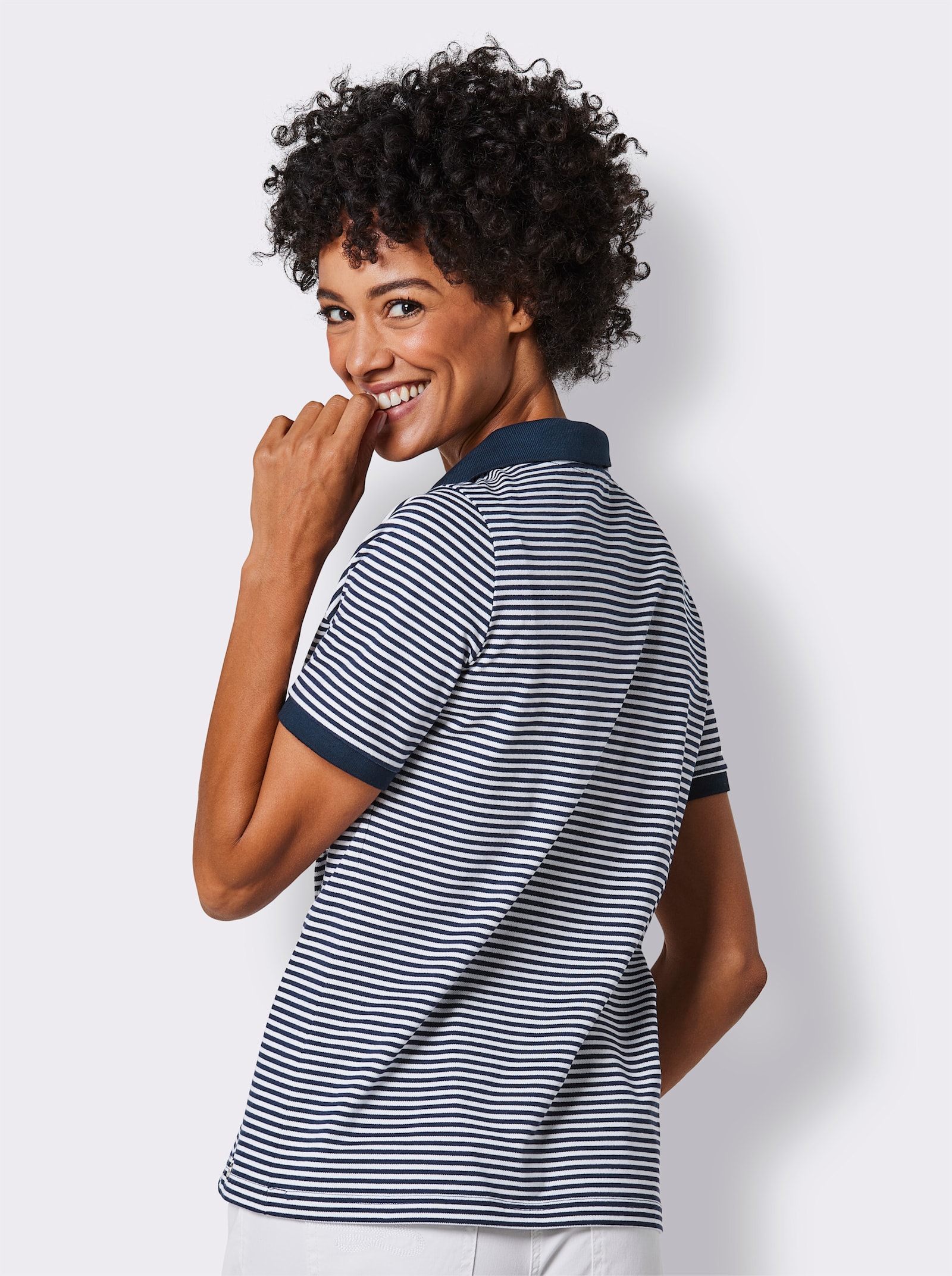 CREATION L PREMIUM Poloshirt mit Druckknöpfen - marine-weiß-geringelt