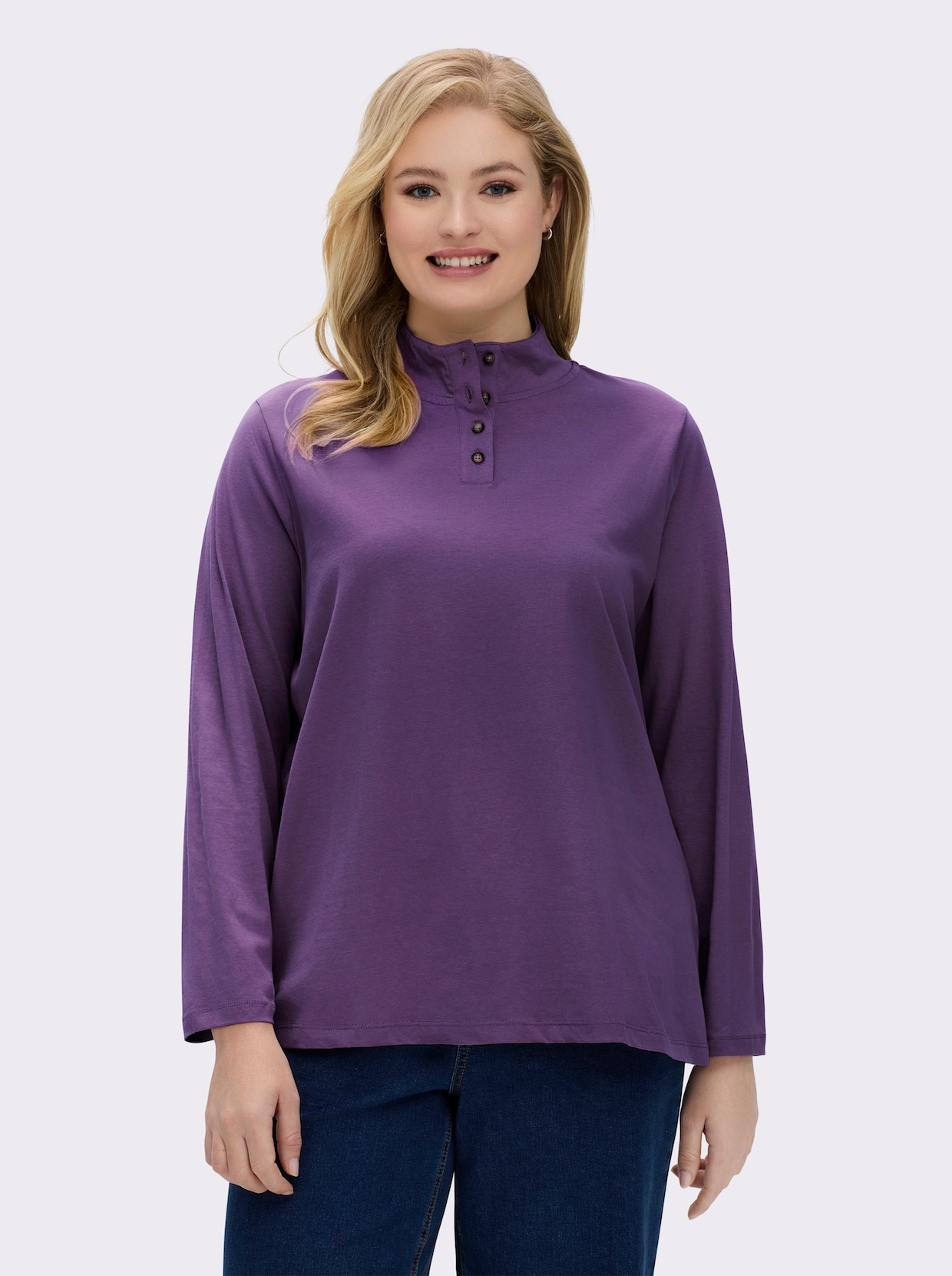 Stehkragenshirt mit Schmuckknöpfen - pflaume