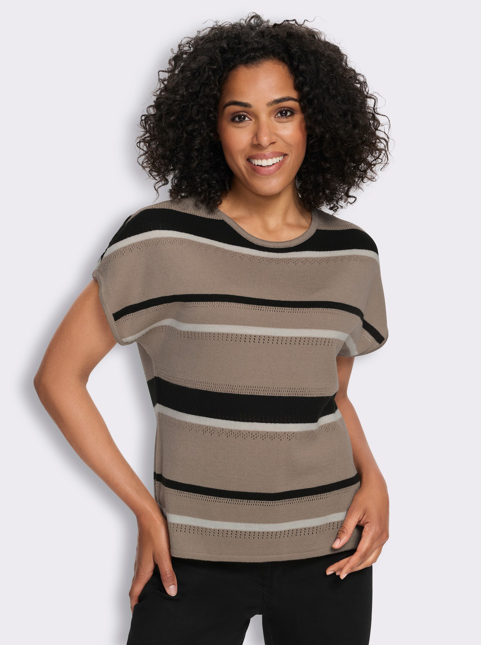 Kurzarmpullover mit Ajourmuster - sesam-schwarz-gemustert