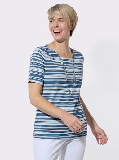 Kurzarmshirt im Ringel-Dessin - jeansblau-ecru-bedruckt