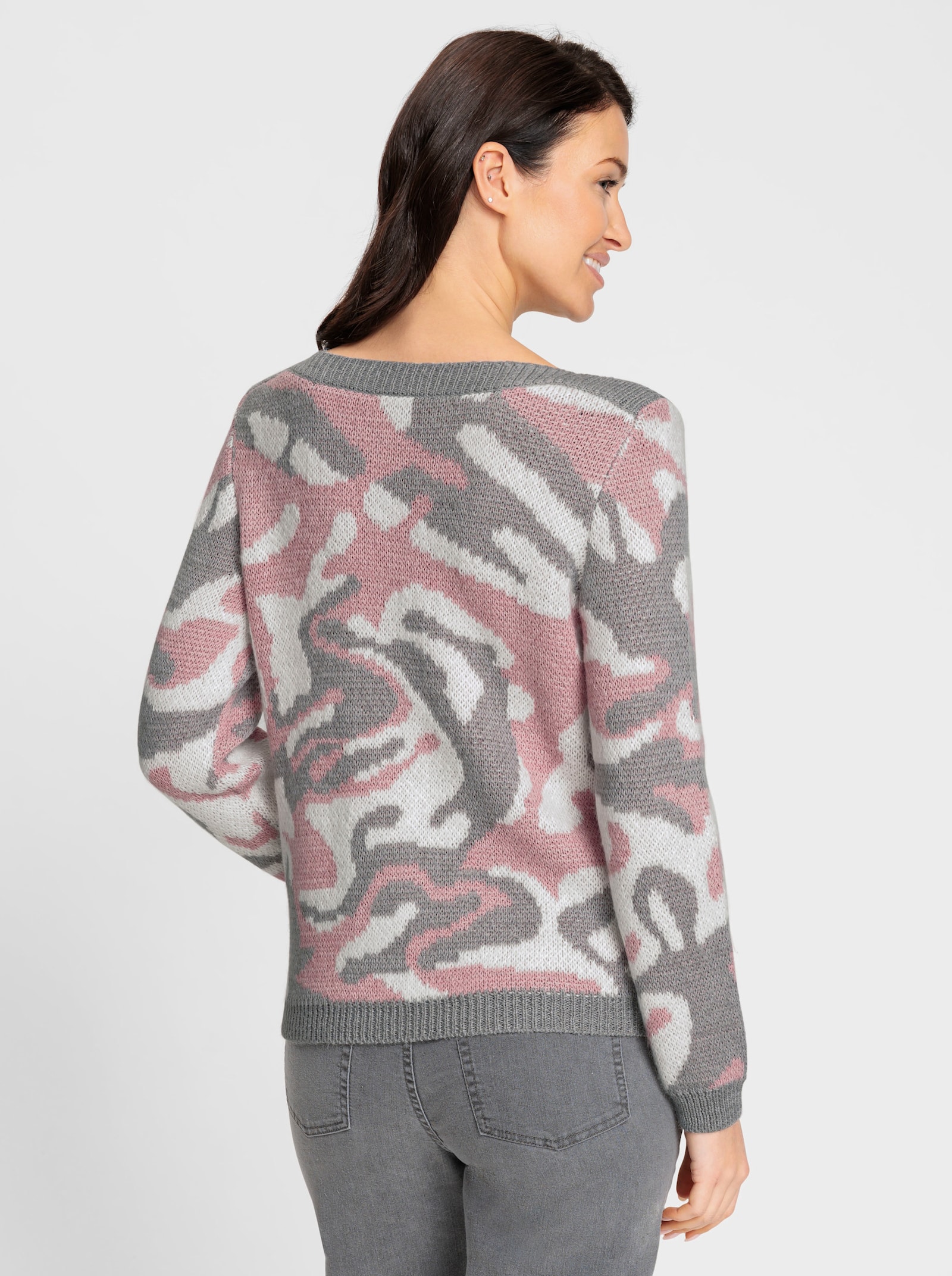 Pullover van jacquard met effen boorden - hortensia/steengrijs gedessineerd