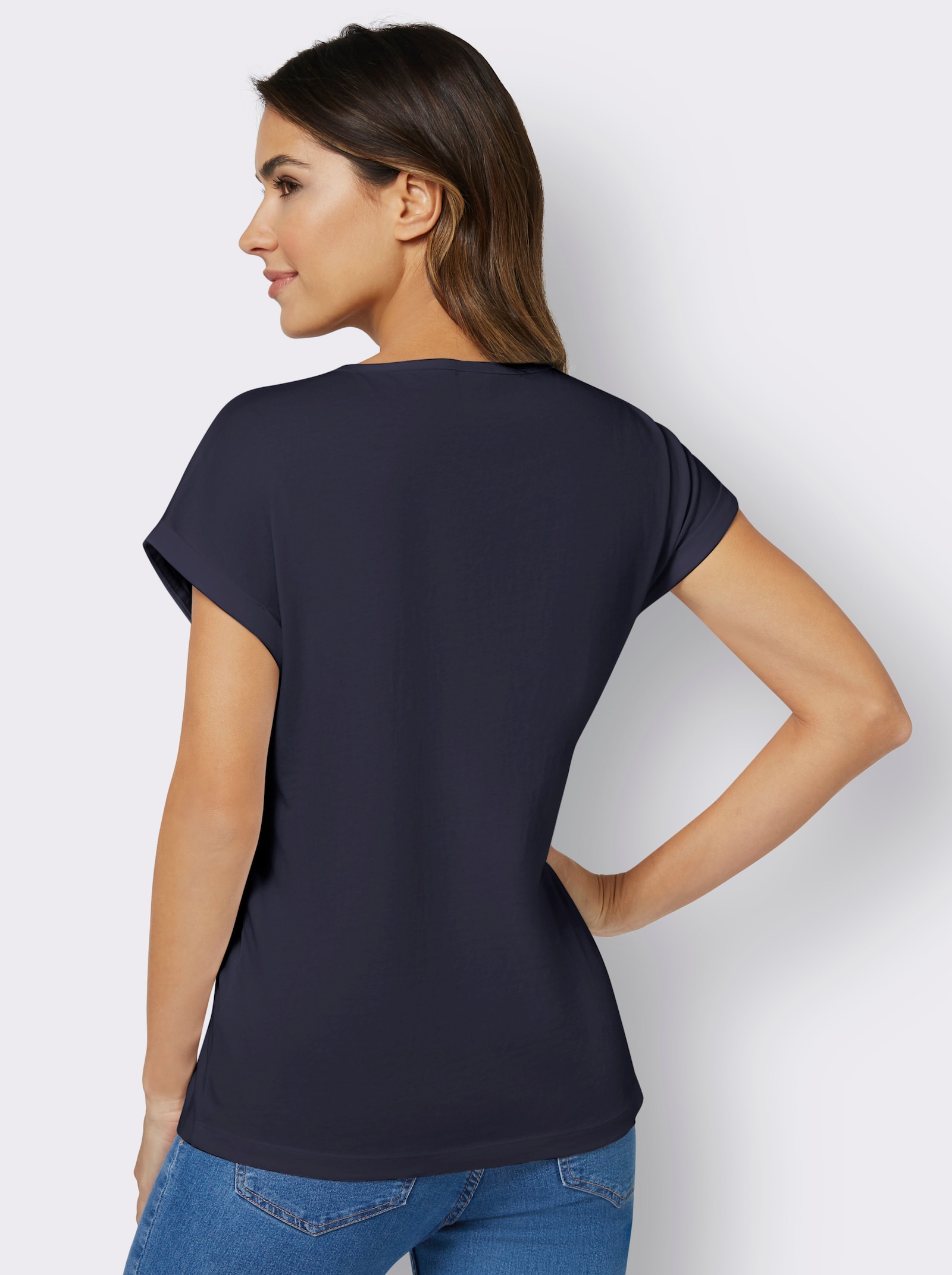 Tričko s kulatým výstřihem a rukávy s manžetou - námořnická modrá