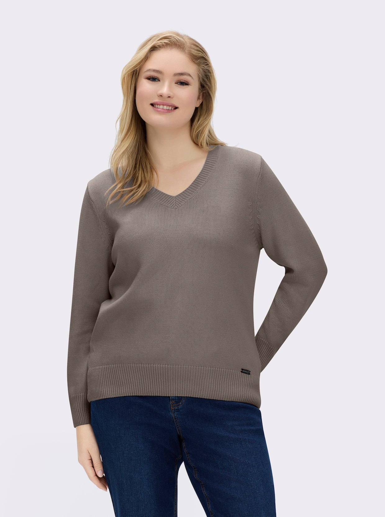 V-Ausschnitt-Pullover mit Baumwolle - taupe-meliert