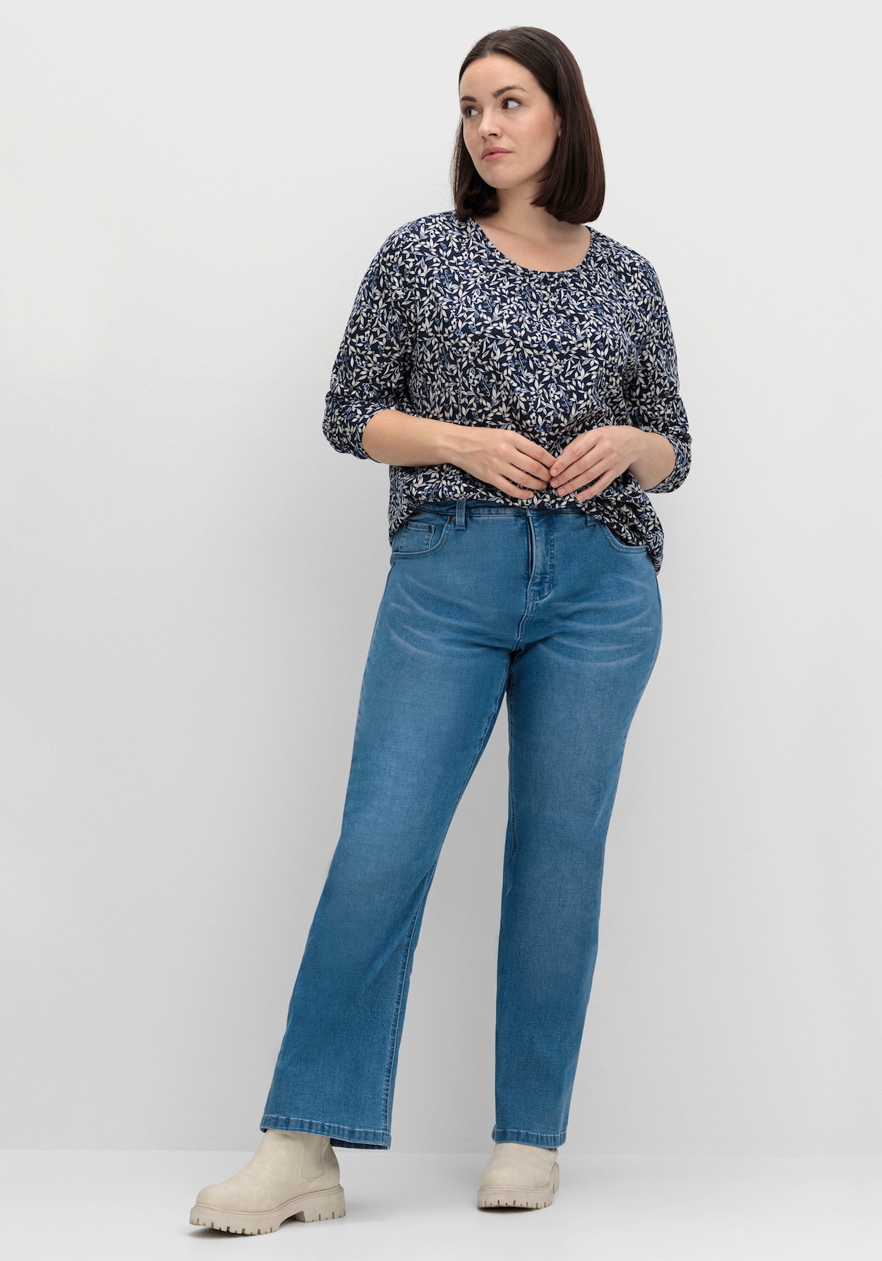 Langarmshirt mit Blüten-Dessin - marine-rauchblau-bedruckt