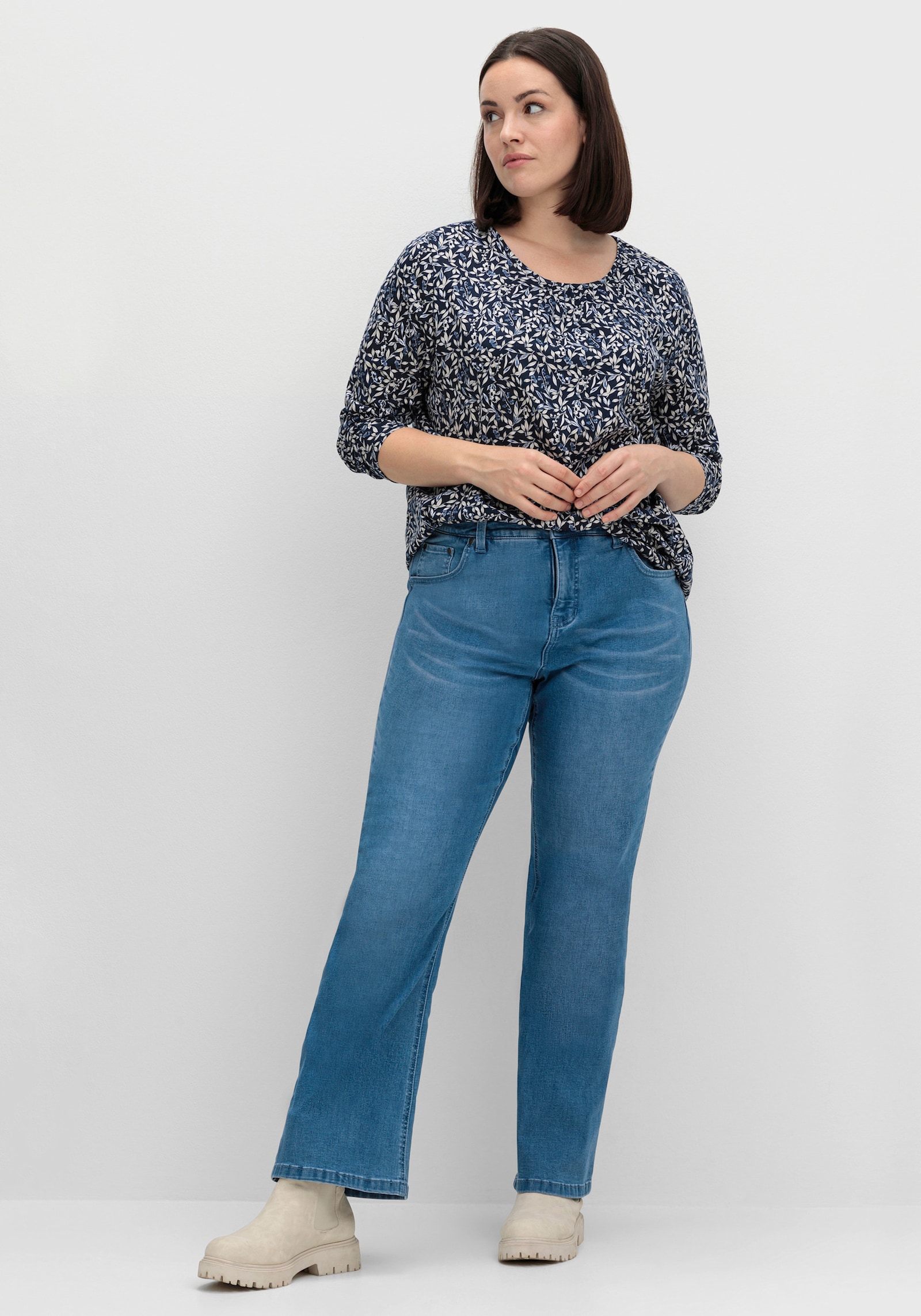 Langarmshirt mit Blüten-Dessin - marine-rauchblau-bedruckt